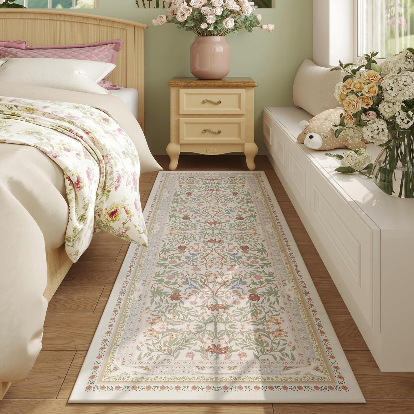 Runner Rug for Kitchen Rug Non Slip 2'6"x8' Washable Rugs with Rubber Backing Soft Vintage Floral Botanical Carpet Runner for Kitchen, Laundry, Bedroom, Bathroom, Beige