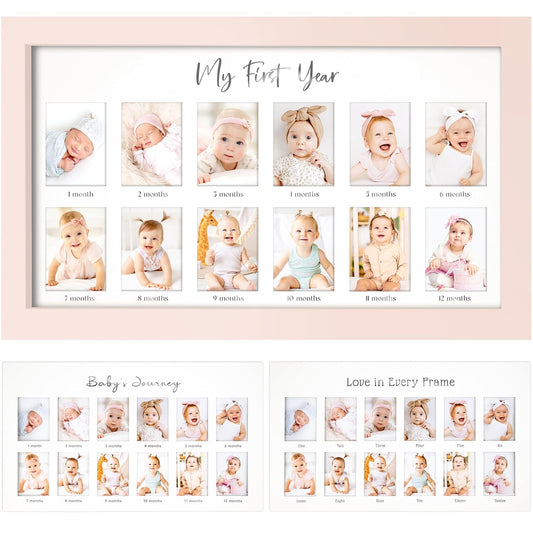 My First Year Photo Frame,12 Months Baby Picture Frame for Newborn Girl, Boy-Baby Shower Gifts Keepsakes,Monthly Baby's One Year Birthday Milestone,1st Nursery Photo Collage Display Board (Petal Pink)