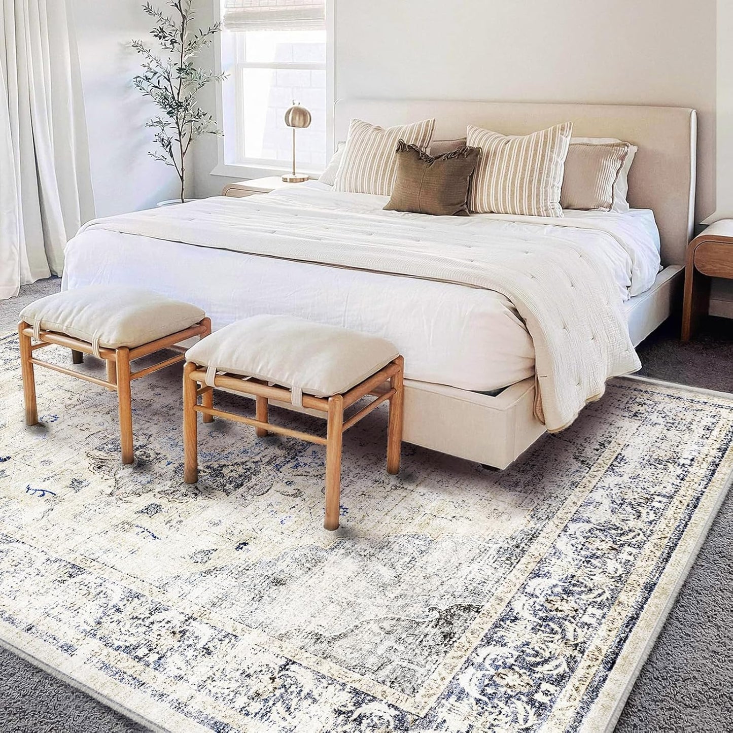 Washable Area Rug 10'x14' Floral Blue Boho Design Non-Shedding Easy Care Ideal for High Traffic Areas in Living Room Bedroom Office Coffee Table Kitchen Large Carpet