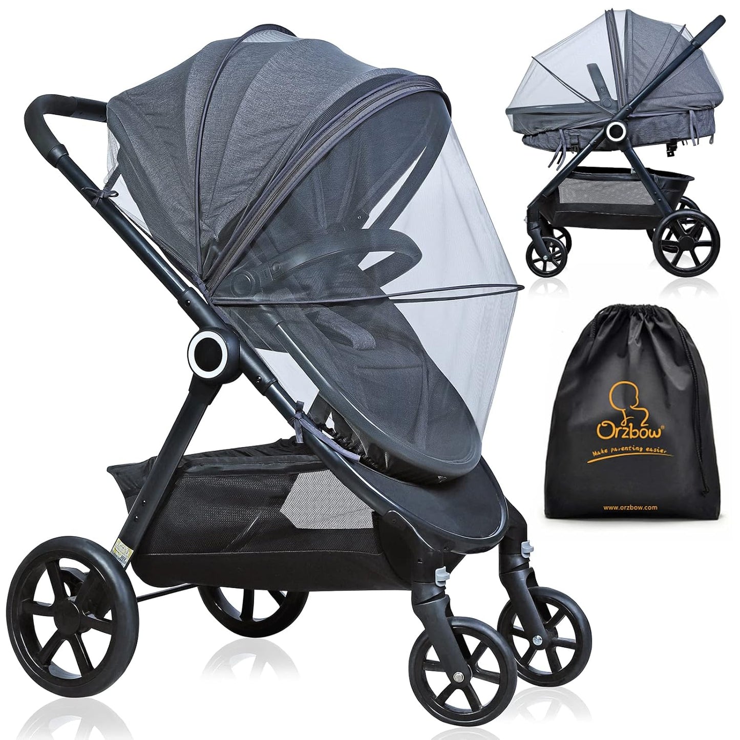 Orzbow Universal Mosquito Net for Stroller, Baby Bug Net with Two-Way Zippers & Storage Bag, Breathable & Foldable Mosquito Netting for Strollers, Car Seat, Bassinet, Portable Mini Crib, Dark Grey