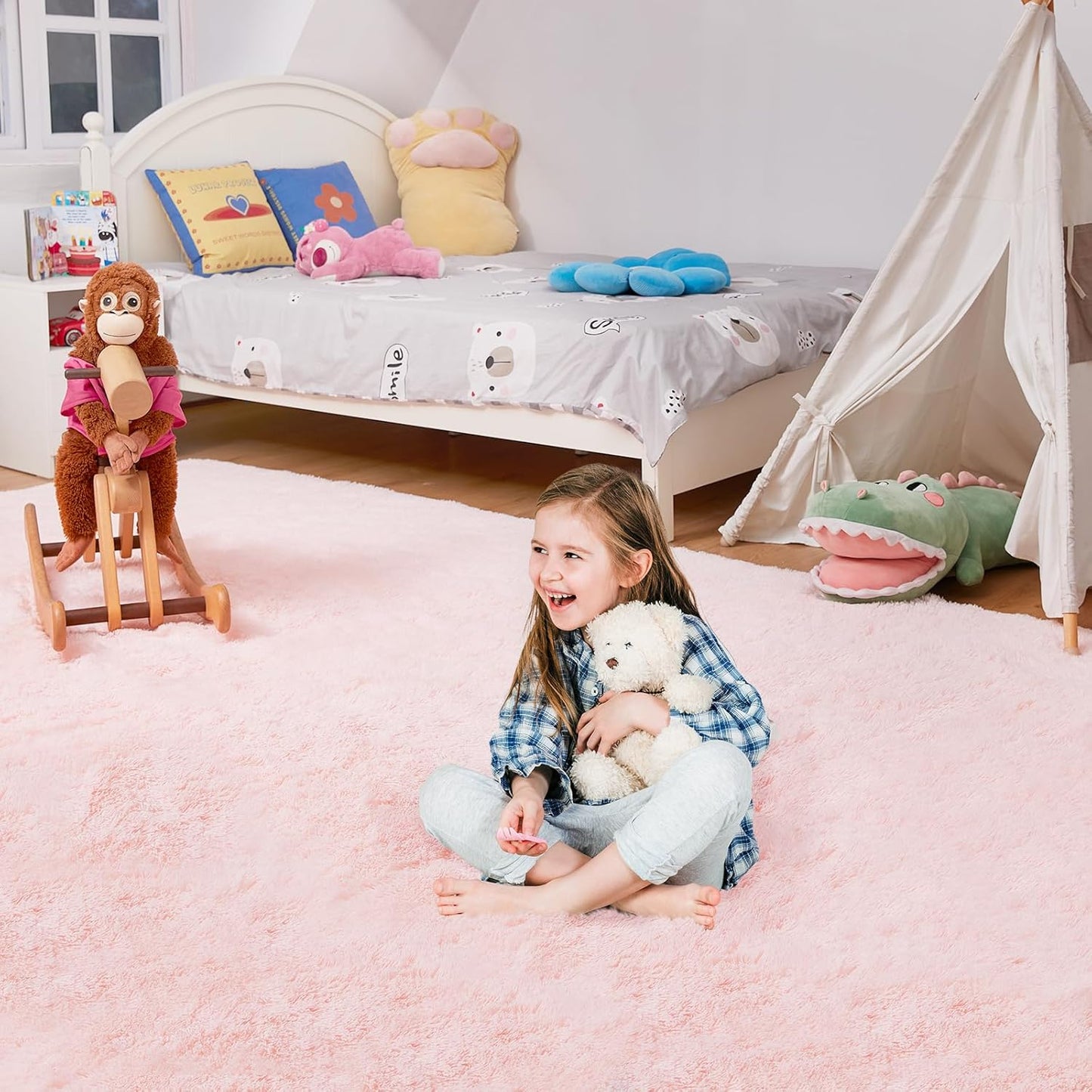Ultra Soft Rug for Living Room, 9X12 Fluffy Shag Area Rug for Bedroom, Modern Shaggy Carpets Fuzzy Rug for Teens Dorm Nursery Home Decor Aesthetic, Upgrade Anti-Skid Durable, Pink