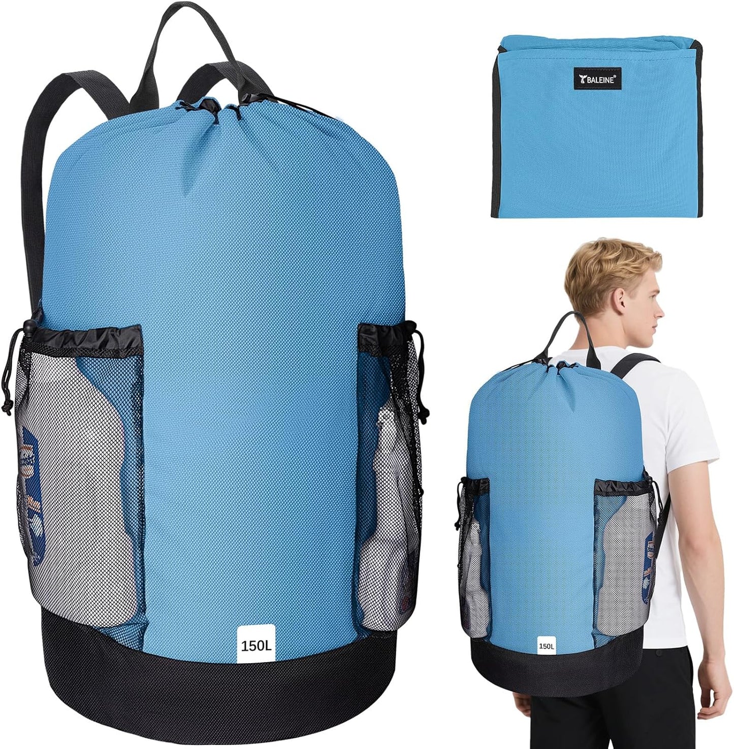 BALEINE 150L Laundry Bag Backpack, 900D Oxford Fabric Large Travel Laundry Bags with Shoulder Straps and 2 Mesh Pockets for College Dorm, Apartment, Laundromat (Blue, 150L)