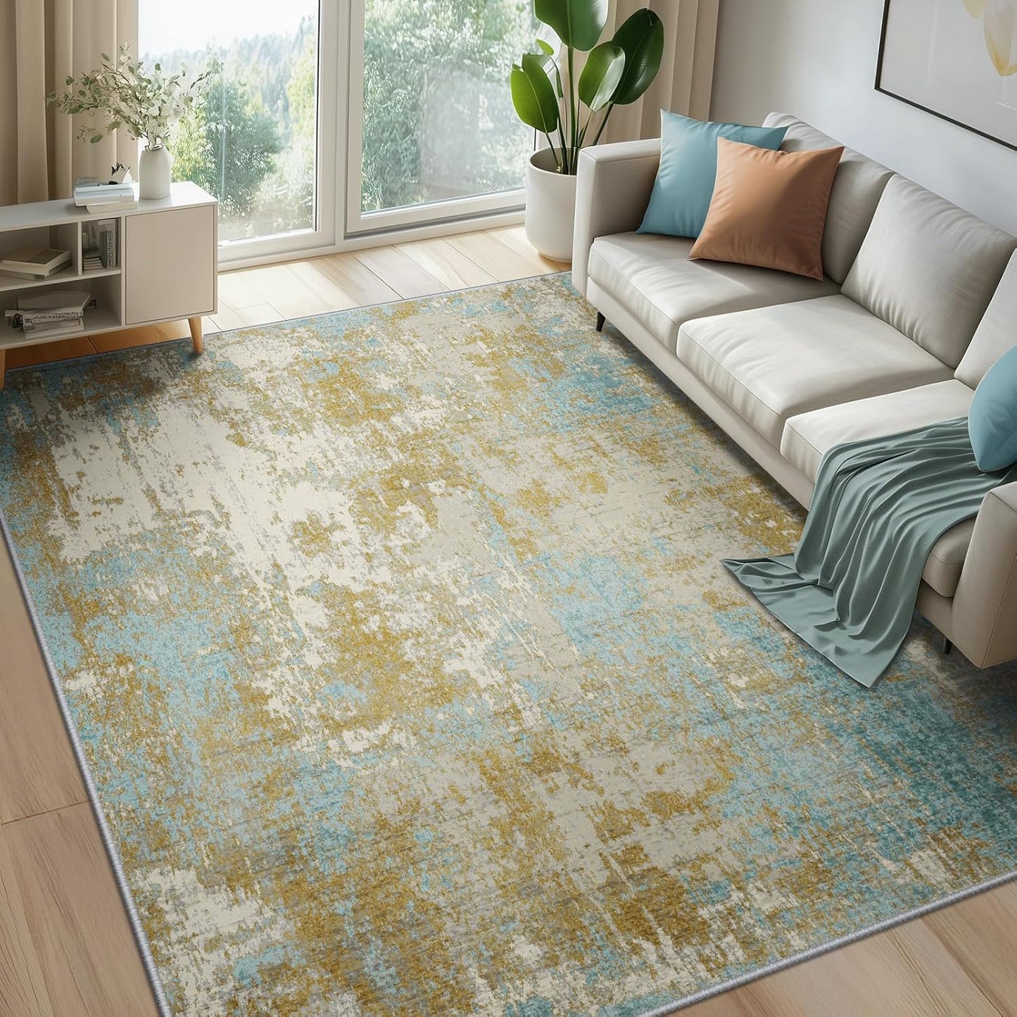 Washable Area Rugs 5'x7' Non-Slip Modern Abstract Soft for Living Room Entryway Bedroom Nursery, Print Pattern, Teal Blue Taupe