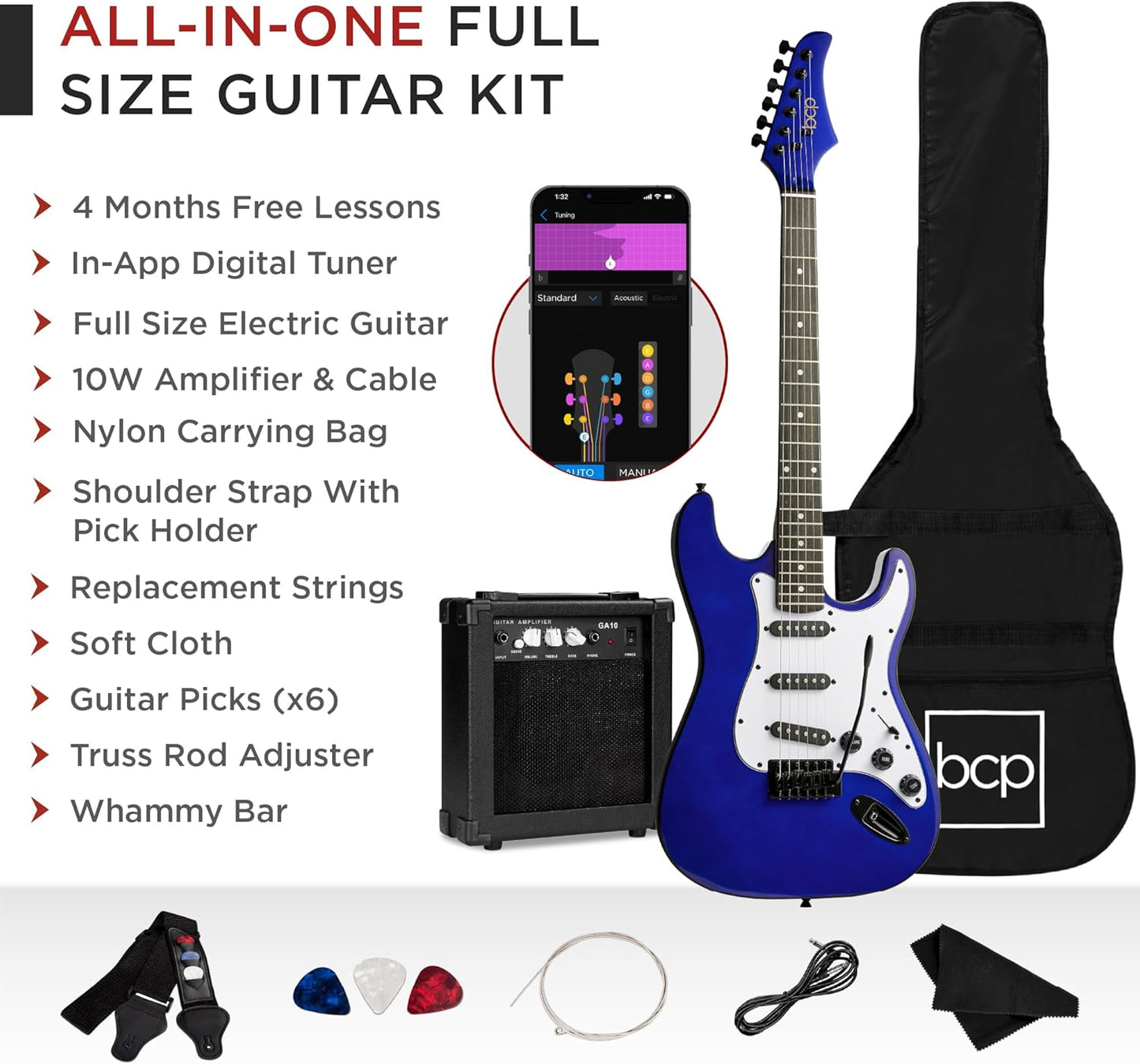 Best Choice Products 39in Full Size Beginner Electric Guitar Starter Kit w/Case, Strap, 10W Amp, Strings, Pick, Tremolo Bar - Metallic Blue