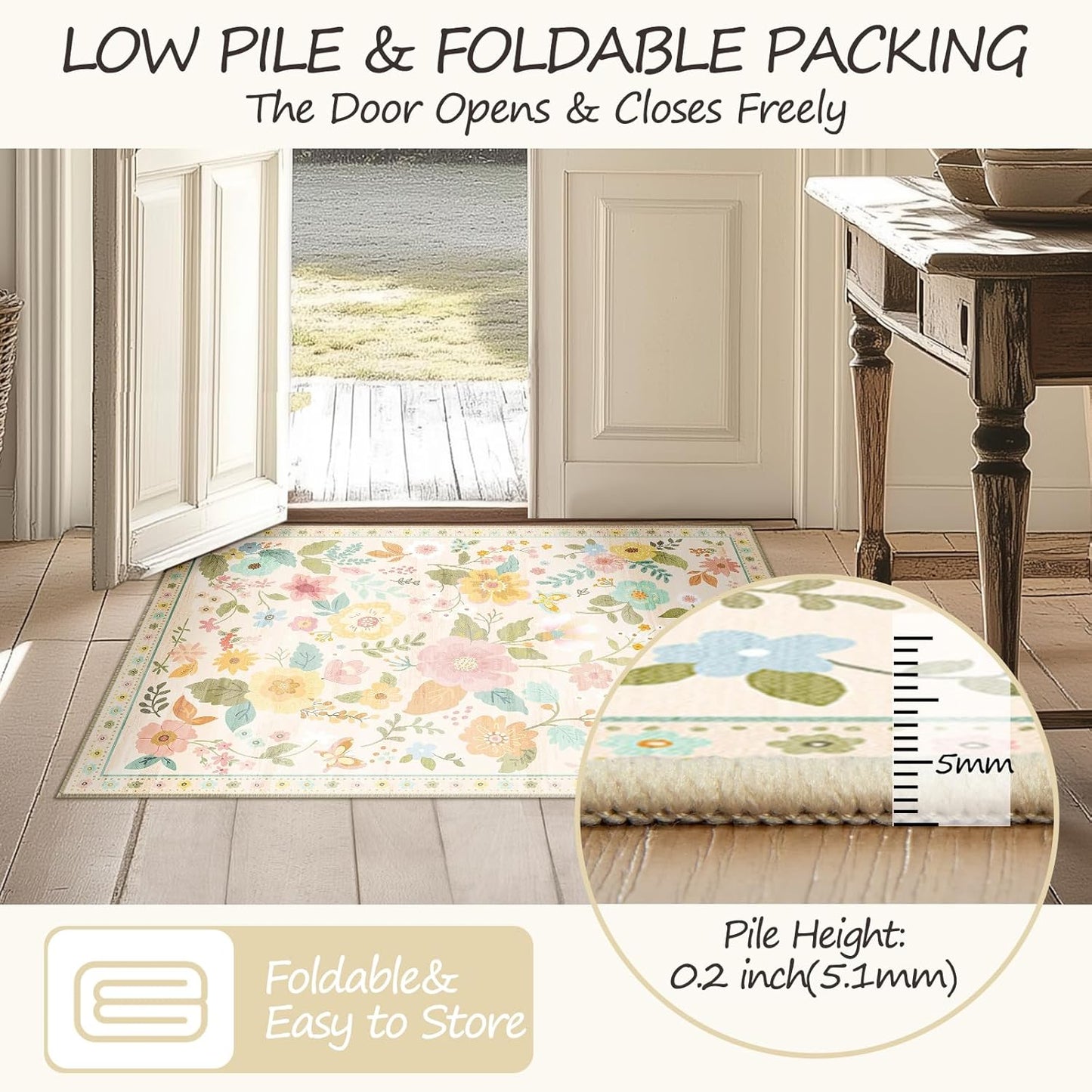 Floral 3x5 Area Rug Machine Washable Soft Print Boho Carpet Non Slip Doormat Low Pile Flower Area Rugs for Living Room Bedroom Nursery Kitchen Dining Room Indoor-Beige/White/Orange