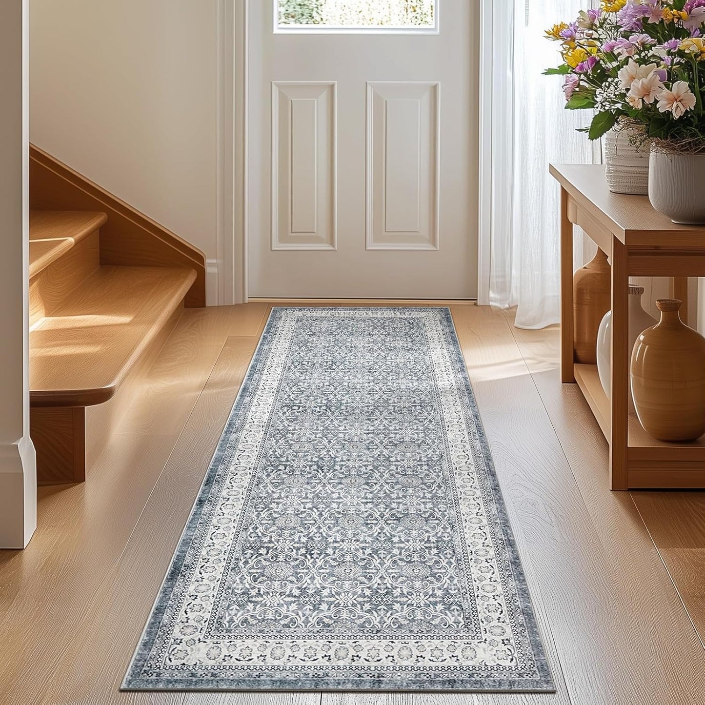 jinchan Runner Rug 2x6 - Machine Washable Grey Vintage Floral Distressed Design Soft Non-Slip Low-Pile Ultra-Thin Runner Rug for Kitchen Hallway Laundry Room Entryway Farmhouse (2‘x6',Grey)