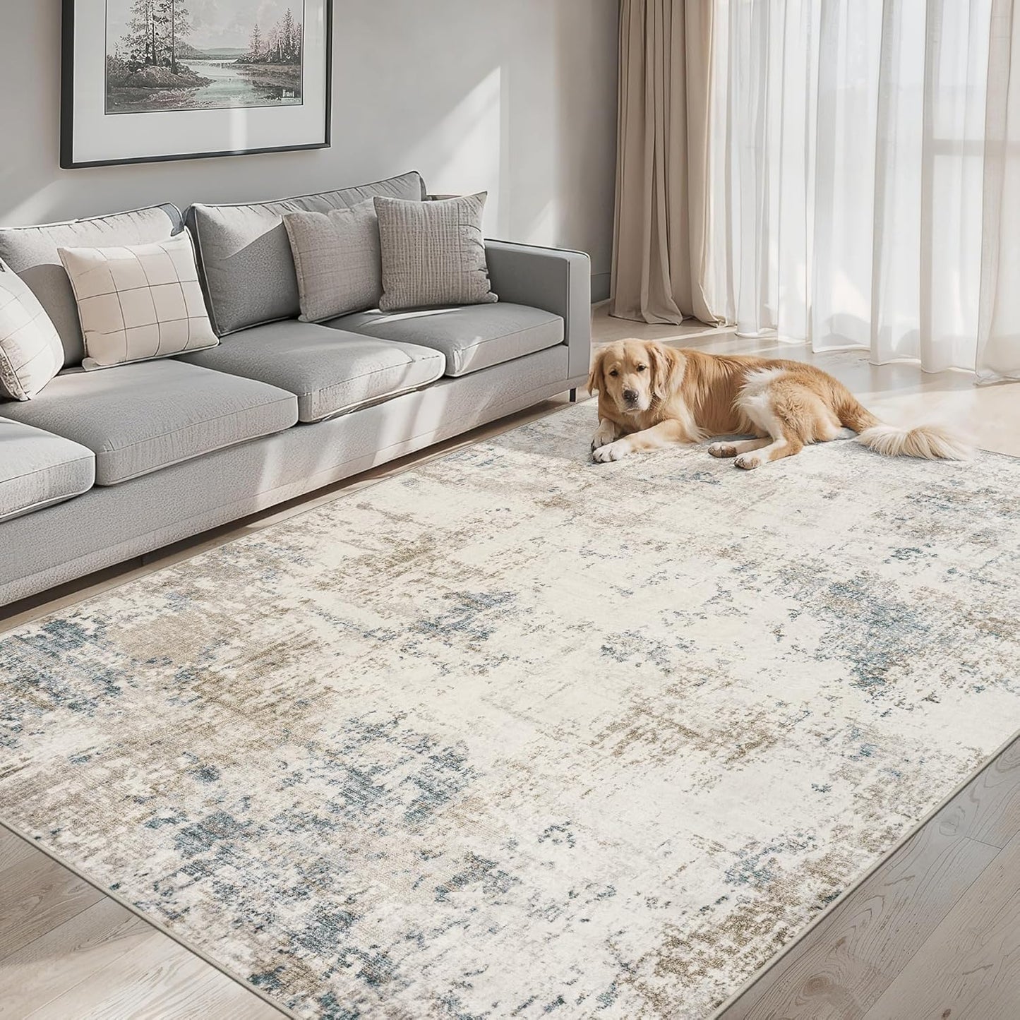 Area Rugs Living Room Rug - 4x6 Washable Modern Abstract Soft Neutral Non-Slip Carpet Large Indoor Floor Stain Resistant Thin Carpets for Bedroom Dining Room Farmhouse Nursery Home Office Multi