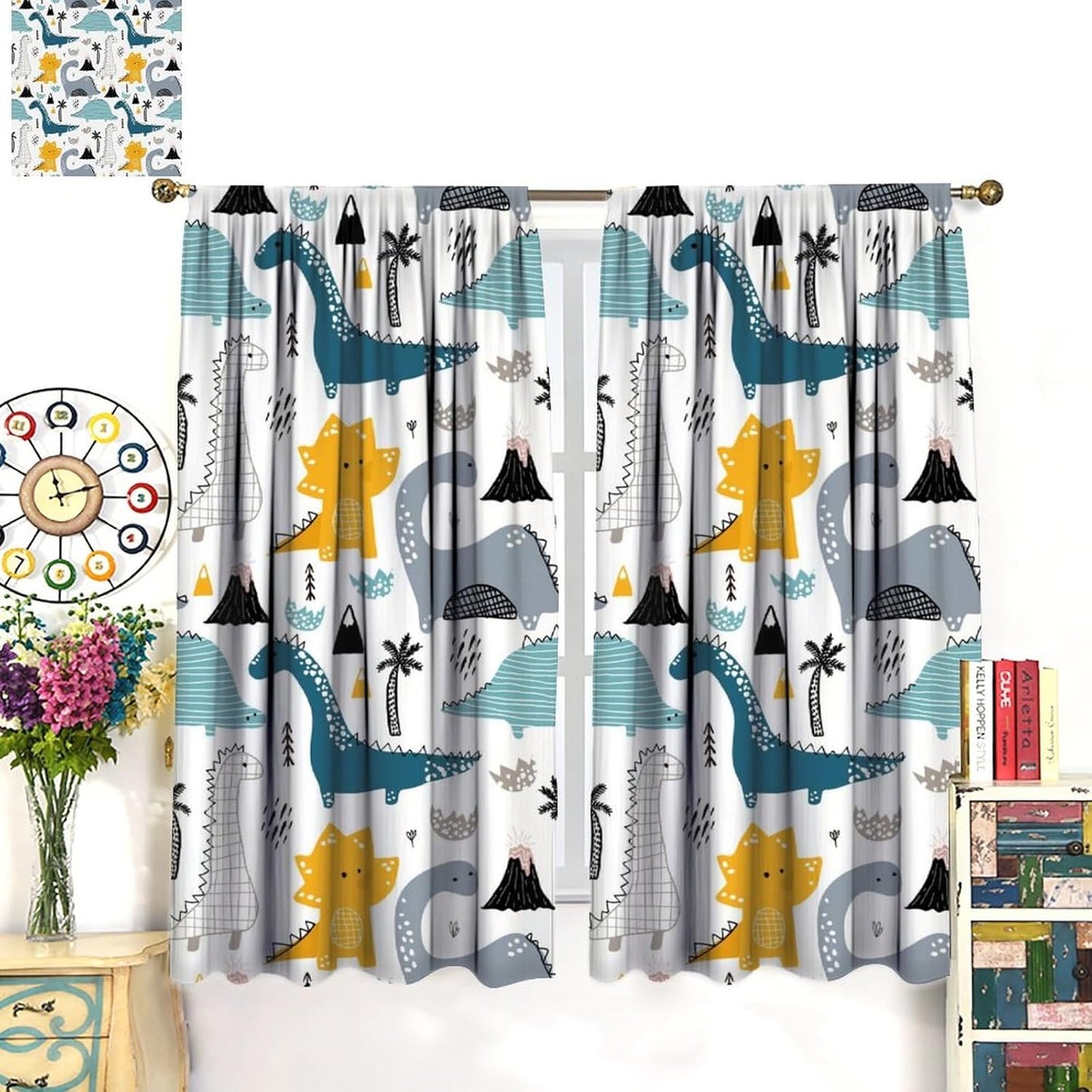 Kids Dinosaur Curtains for Boys Girls Bedroom Decor Cartoon Dino Colorful Cute Funny Wildlife Animal Printed Blackout Rod Pocket Window Drapes for Baby Nursery Playroom Living Room W21xL63in 2 Panels