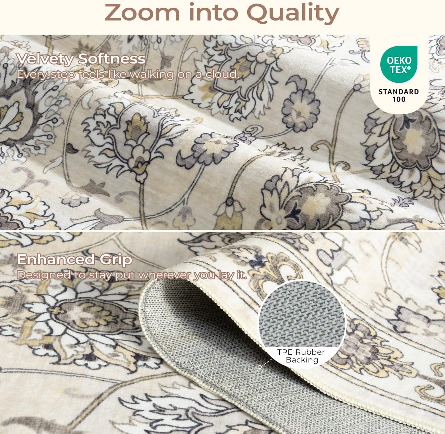 Washable Area Rug 5x7 for Living Room & Bedroom, Large Neutral Floral Rugs, Soft & Non Slip, Low Pile Wool Carpets for Indoor Under Table Dining Home Office Nursery Playroom, Beige