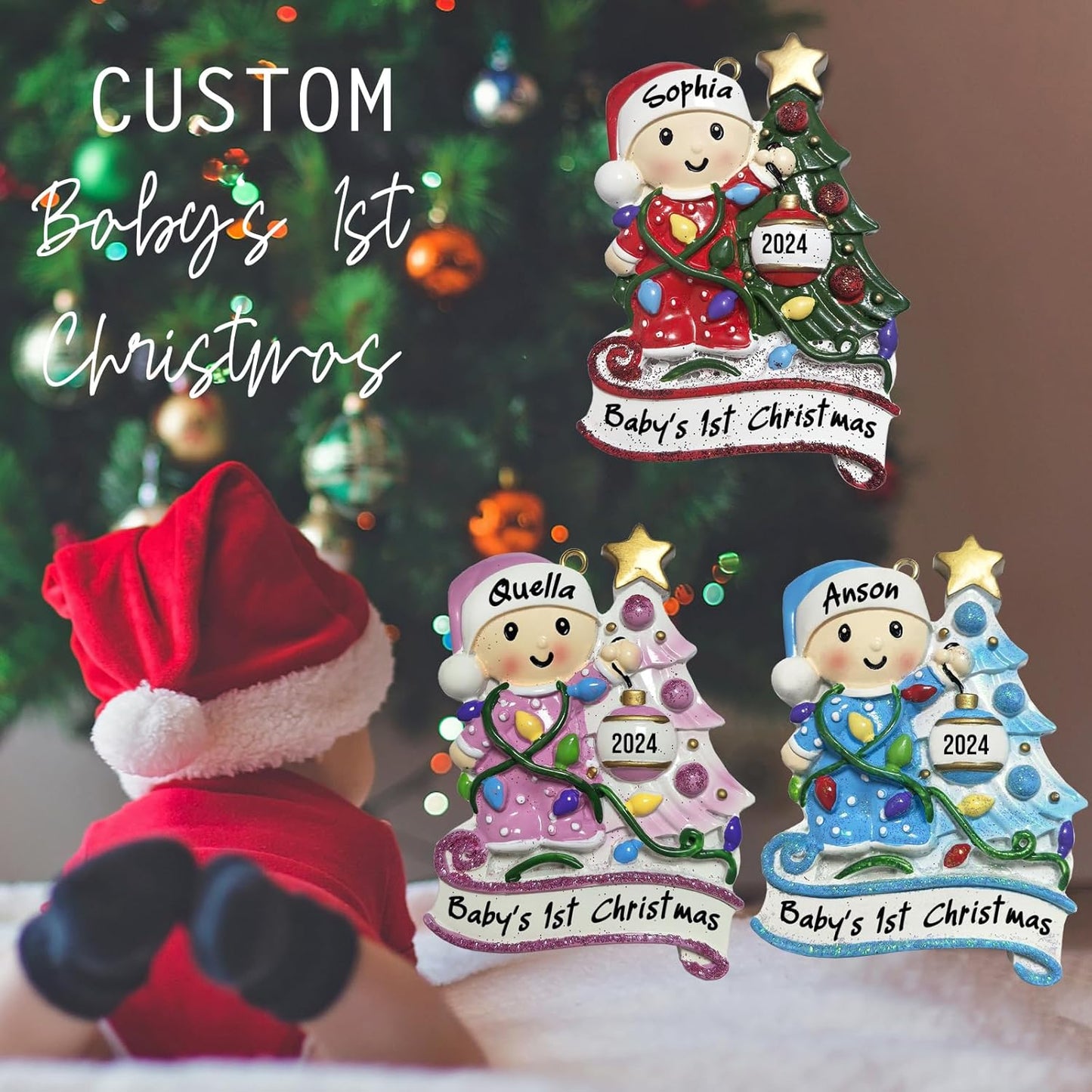Baby's First Christmas Ornament 2025 Personalized Christmas Ornaments with Name Snow Baby in Stocking with Snowflake Custom Tree Ornament Decorations Ornaments,Pink