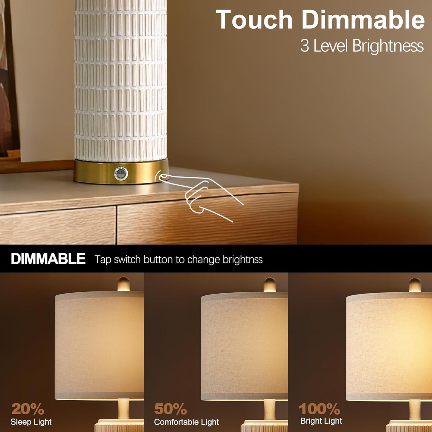PoKat Touch Bedside Table Lamps with USB Ports for Bedroom, 25'' Dimmable Nightstand Touch Lamps for Living Room, Modern Ceramic Lamps for Night Stands Bedroom, Office, Nursery, White and Beige