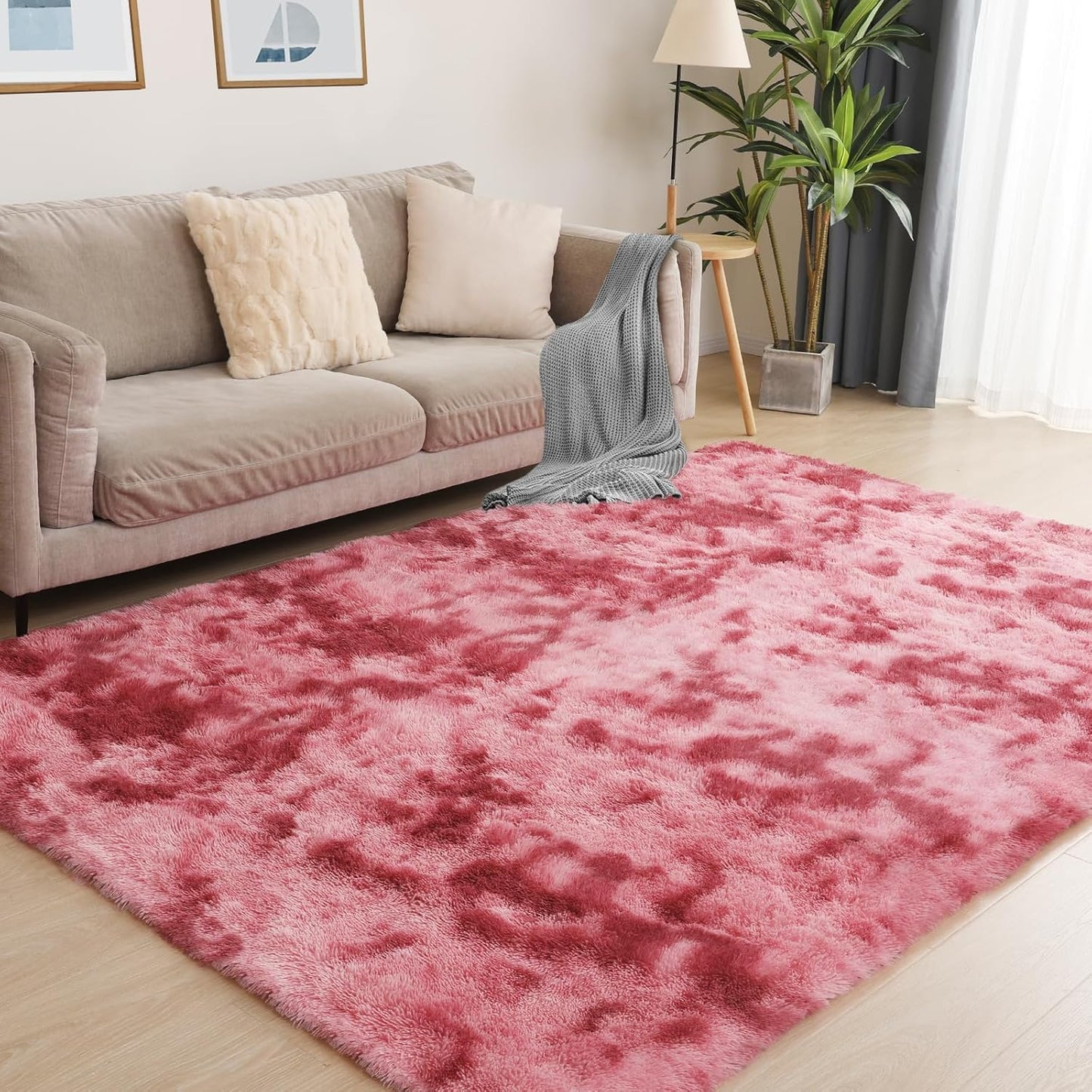 Luxury 4x6 Area Rug, Ultra Soft Rugs for Living Room, Plush Carpet Rugs for Bedroom, Non-Slip Indoor Rug for Nursery, Study Room, Playroom, Home Decor, Tie-Dyed Dark Pink