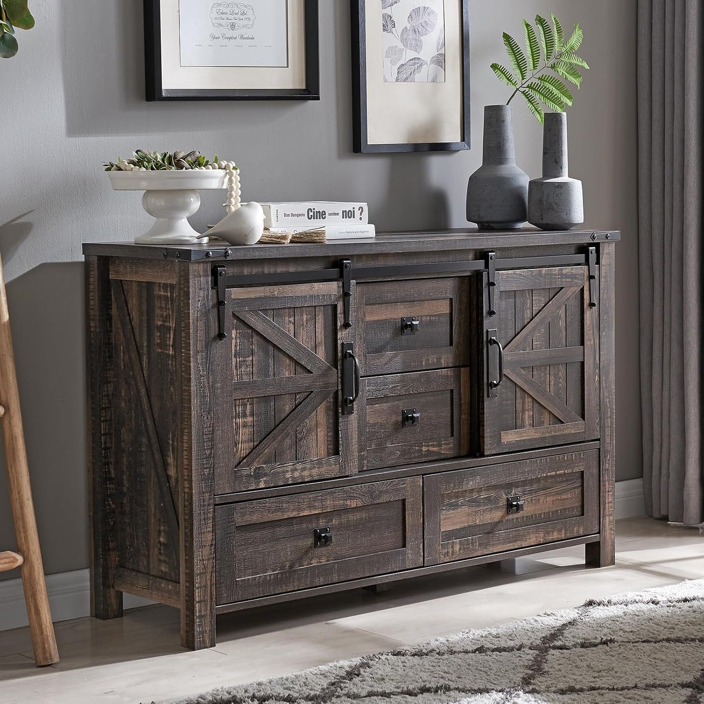 T4TREAM 48'' Farmhouse Dresser w/4 Drawers & 2 Sliding Barn Doors, Tall Chest of Drawers Organizer, Rustic Dresser TV Stand w/Adjustable Shelf for Bedroom, Living Room, Nursery Room, Dark Rustic Oak