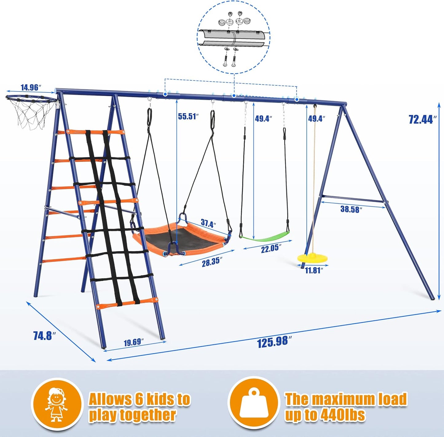 Swing Set for Backyard 550lbs - 6 in 1 Playground Sets for Backyards Safe Platform Swing for Kids Outdoor Heavy Duty Metal Frame with 3 Adjustable Swings Climbing Net Climbing Ladder Basketball Hoop