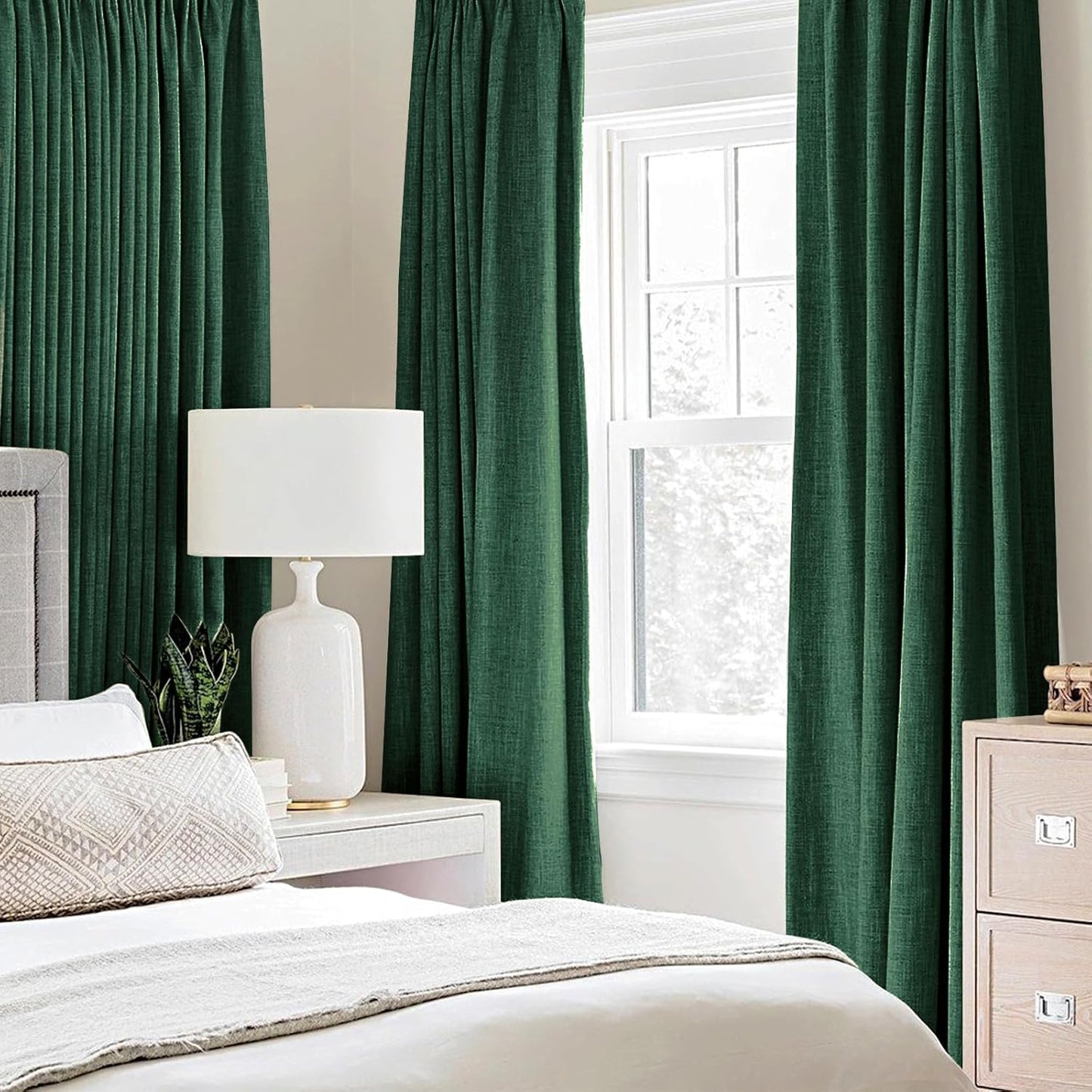 MIULEE Linen Curtains for Bedroom 100% Blackout Thermal Insulated Emerald Green Grommet Room Darkening Curtains & Drapes Christmas Decor for Living Room Nursery 52 x 90 Inch (2 Panels)