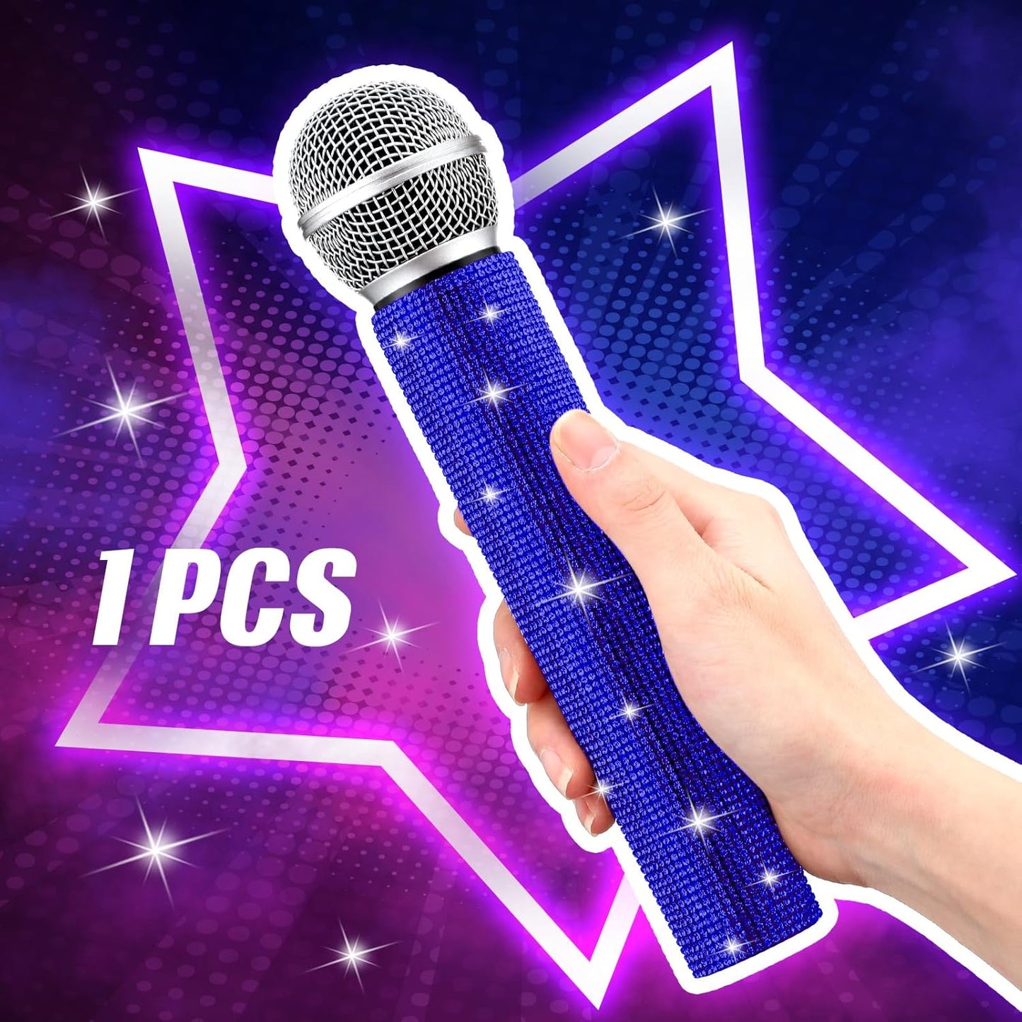 Sanwuta Fake Microphone Prop Sparkly Bling Rhinestones Plastic Play Microphone Pretend Glitter Bedazzled Mic for Cosplay Party Costume(Royal Blue)