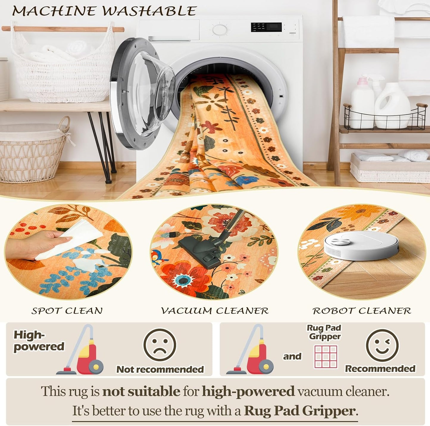 Floral 8ft Area Rug Machine Washable Soft Print Boho Carpet Non Slip Doormat Low Pile Flower Area Rugs for Living Room Bedroom Nursery Kitchen Dining Room Indoor-Yellow/Orange