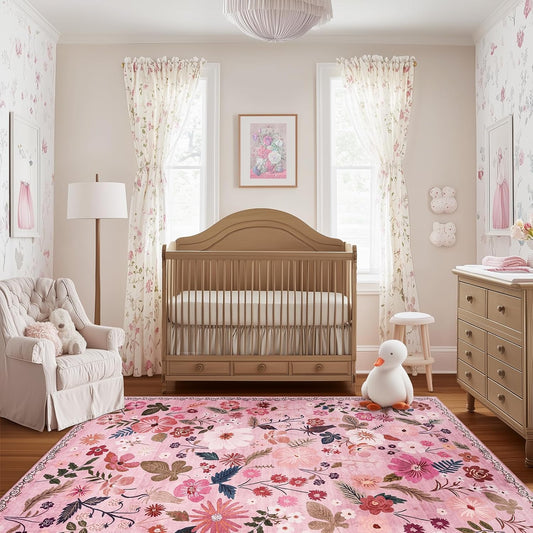 Pink Rugs for Bedroom Girls Machine Washable Area Rugs 3x5 Non Slip Low Pile Boho Floral Small Carpet for Nursery Living Room Bedroom Entryway Kids Playroom Office College Dorm Home Decor