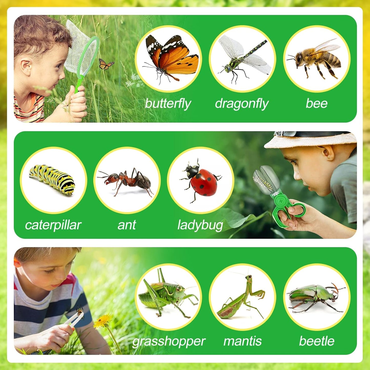 2Sets Bug Catcher for Kids - Sturdy Kids Bug Catching Kit Gifts with Collector Butterfly Net Tweezer, Bugs Habitat Outdoor Explorer Kit for Age 3 4 5 6 7 8, 8Pcs