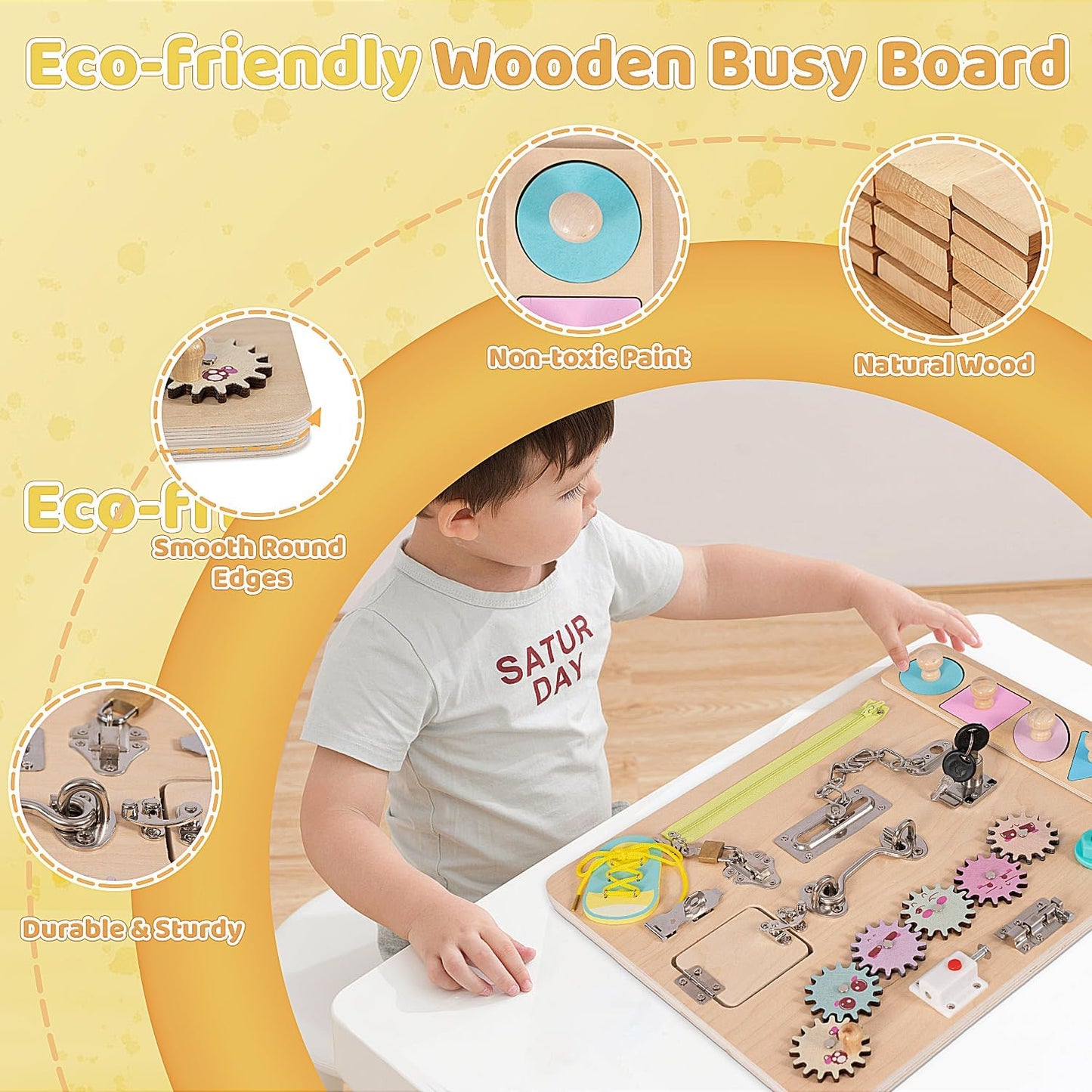 Toddler Wooden Busy Board, Montessori Activity Pad for Kids, Sensory Fidget Board for Children, Preschool Educational Activities Pad Toy.