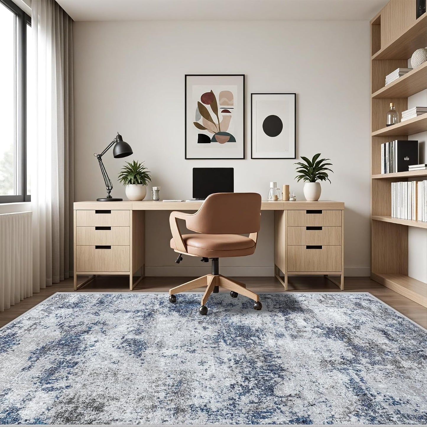 Washable Rug 6x9 Area Rugs: Abstract Washable Rugs with Non-Slip Backing, Stain Resistant Indoor Floor Carpet for Bedroom Dining Room Table Nursery Hallway Home Office Blue/Gray/Black