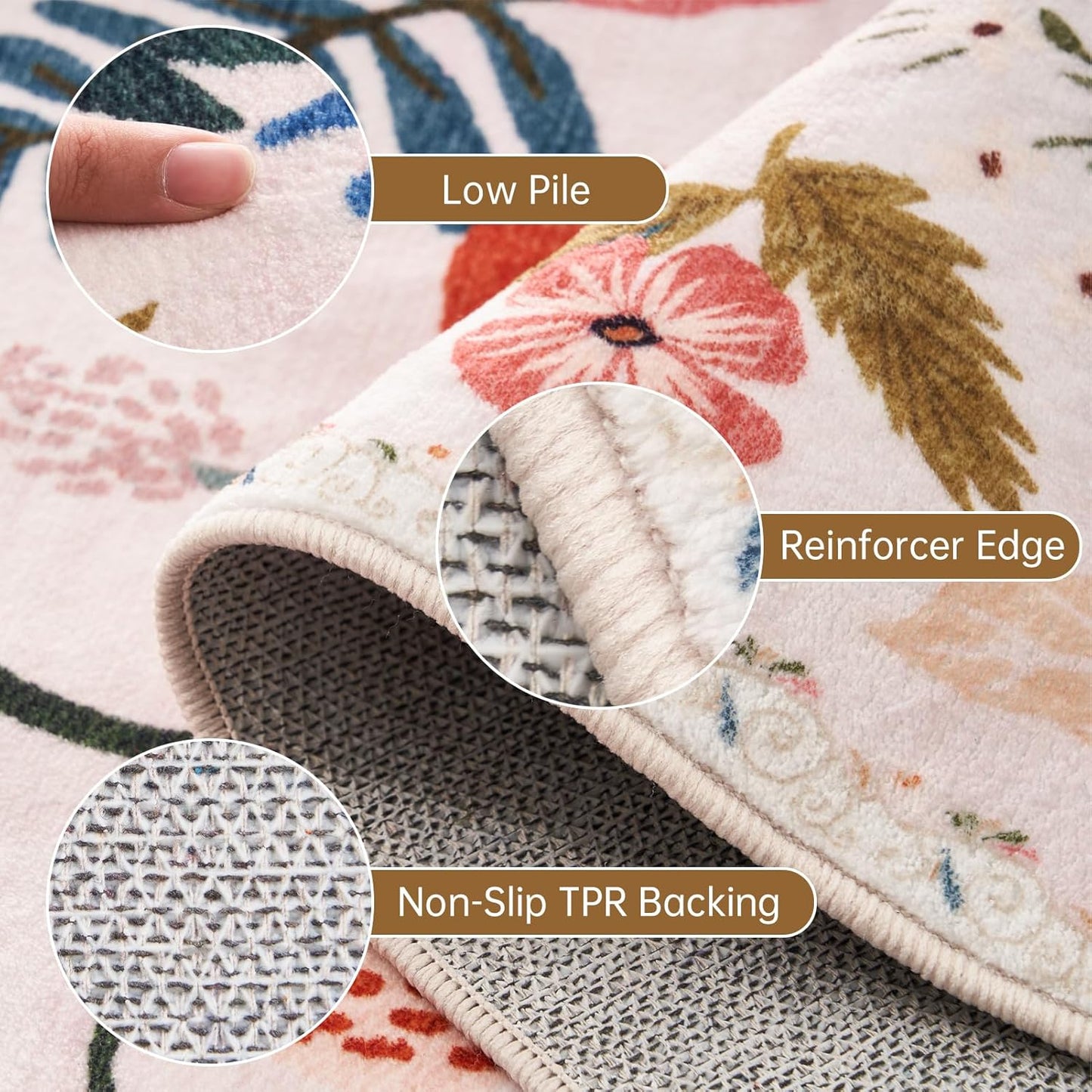 9x12 Washable Area Rugs Beige Pink Boho Floral Soft Girls Rugs for Bedroom Sound Absorbing Ultra-Thin Non Slip Stain Resistant Room Carpet Rug for Living Room Kids Playroom Farmhouse Dining Room