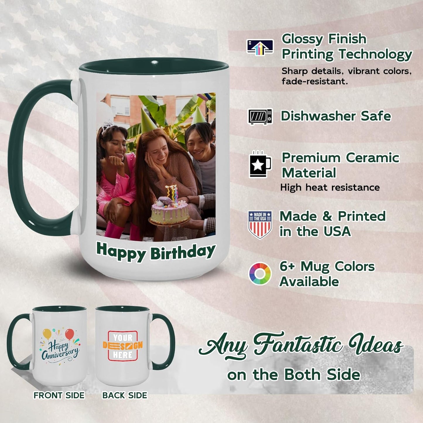 Custom Mug Upload Your Picture Personalized Coffee Mug with Photo Text Name Customized Cup Unique Ideas Gifts for Men Women Mom Dad Girlfriend Boyfriend Friend Family (Dark Green, 11oz)