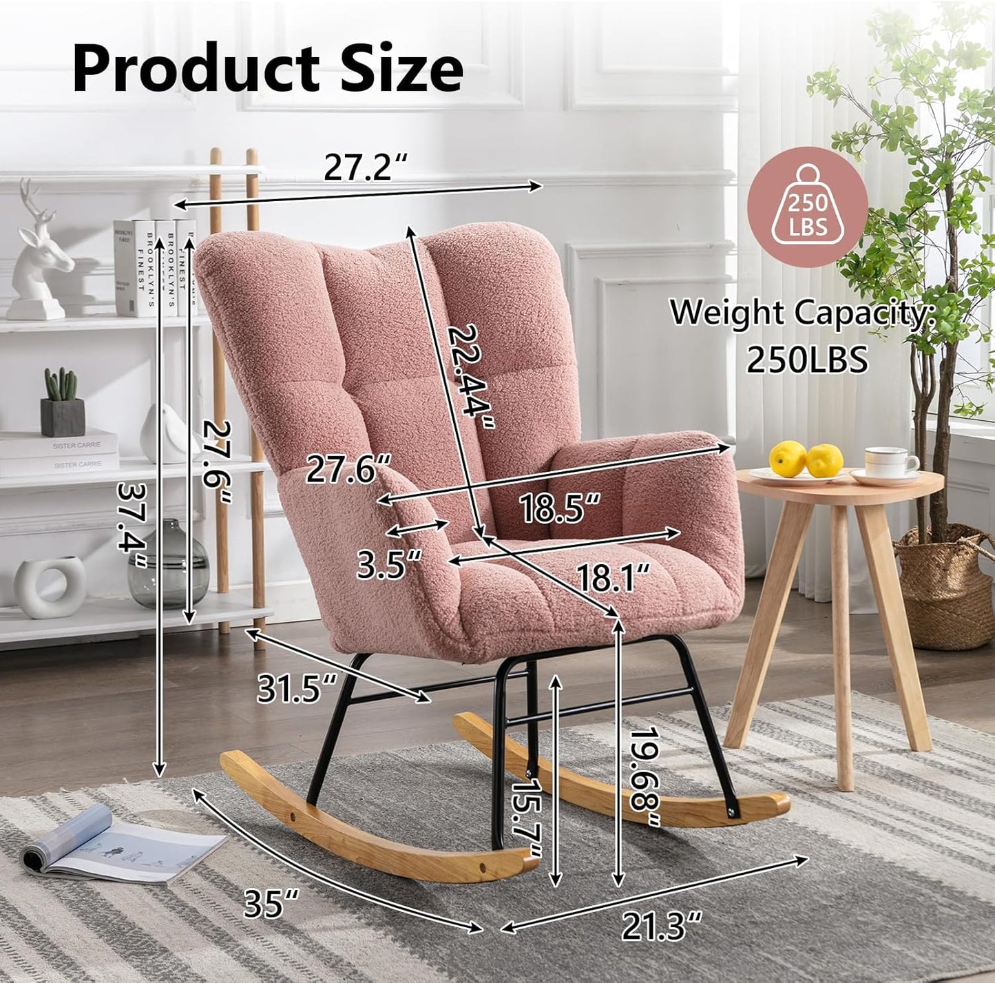 NIOIIKIT Nursery Rocking Chair Teddy Upholstered Glider Rocker Rocking Accent Chair Padded Seat with High Backrest Armchair Comfy Side Chair for Living Room Bedroom Offices (Pink Teddy)