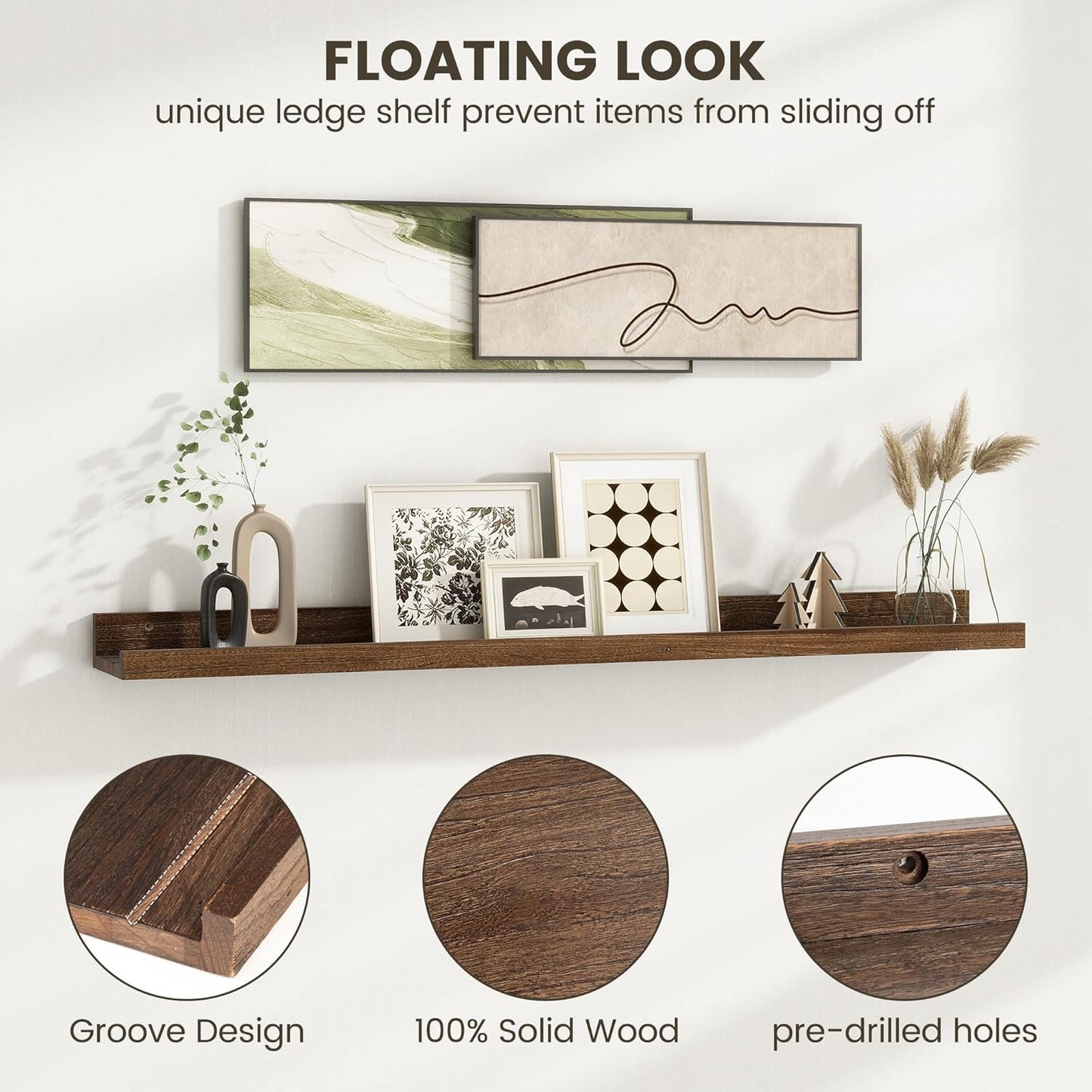 Picture Ledge Shelf - 24 Inches Floating Shelves Set of 2 - Rustic Elm Wood Ledge Shelves for Toys Storage, Kids Bookshelf Wall Mounted for Bedroom, Living Room, Kitchen - 24 Inches - Walnut Color