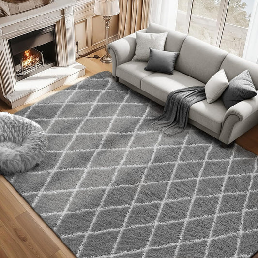 Fluffy Rug for Bedroom, 8X10Feet Stripe Checkered Rug Anti-Skid High Pile for Living Room Bedroom Kids Room Nursery, Dorm Home Decor