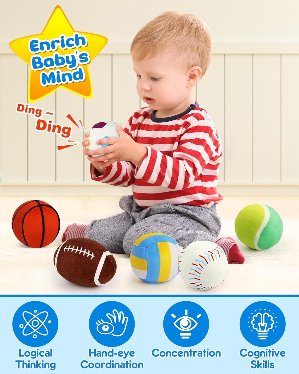 Vanmor Sensory Sports Balls for Babies 6-12M+, 6 Pack Machine Washable Plush Ball Set with Crinkle, Rattles, Squeaky Sounds, Toddler Learning Toys, Portable Travel Bag, Baby Shower Toy for Newborn