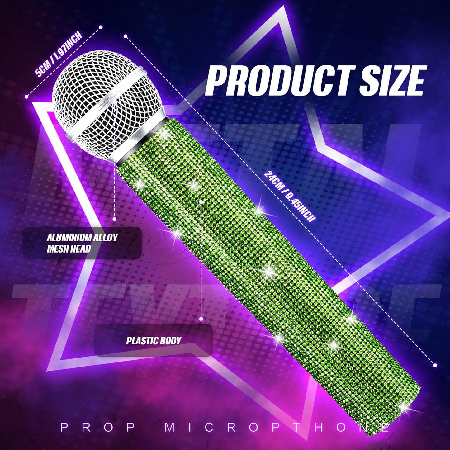 Sanwuta Fake Microphone Prop Sparkly Bling Rhinestones Plastic Play Microphone Pretend Glitter Bedazzled Mic for Cosplay Party Costume(Light Green)