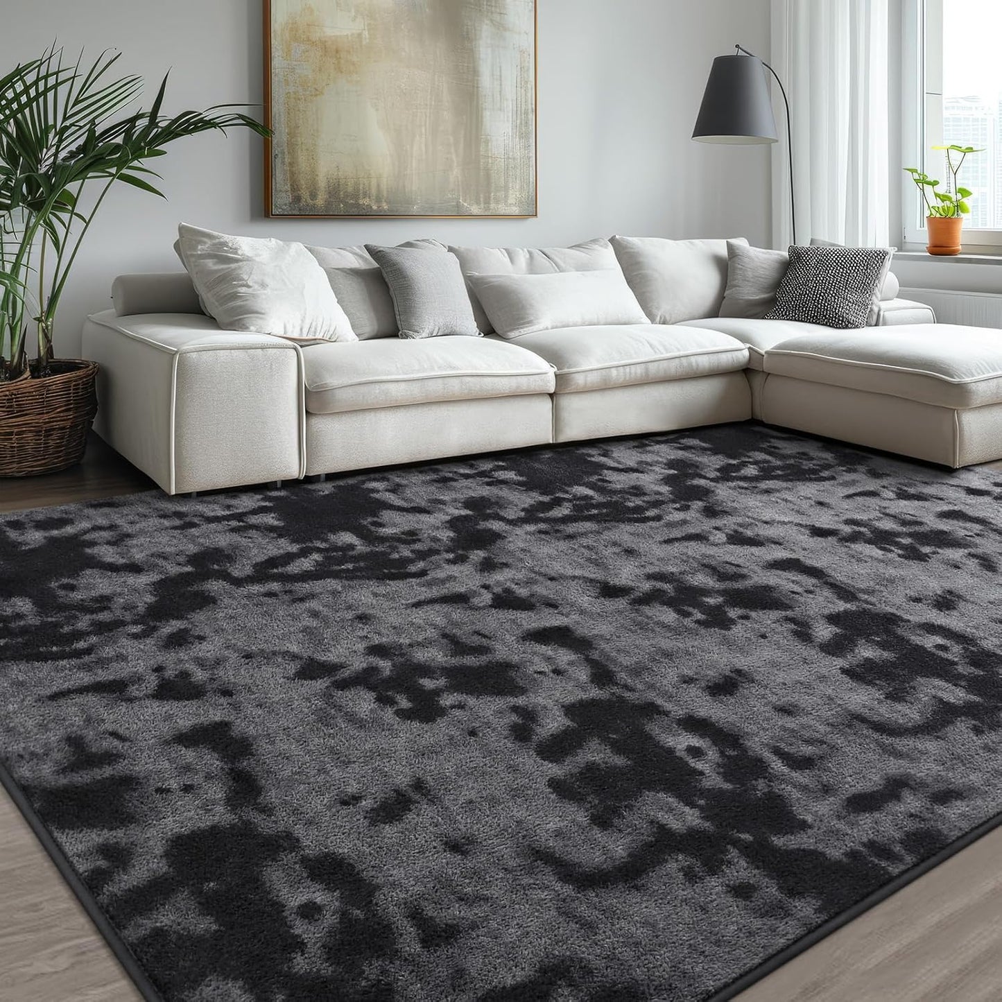 Kimicole 5x8 Washable Area Rugs for Bedroom Living Room, Low Pile Ulta-Thin Solid Color Rug, Non-Slip Soft Fluffy Carpet for Nursery Kids Room Dorm Room Home Decor (Dark Grey)