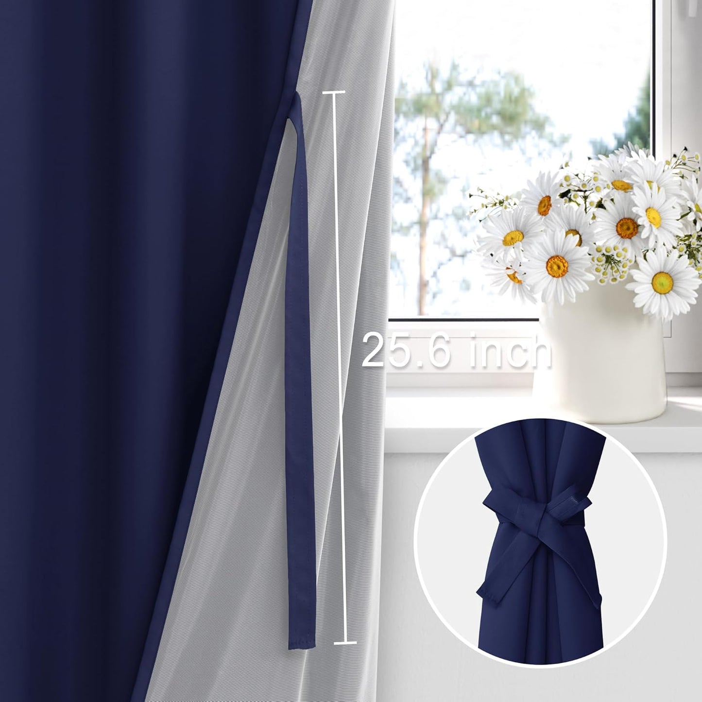 XWZO 100% Blackout Curtain Panels - Thermal Insulated Black Liner, Noise Reducing and Heat Blocking Rod Pocket Drapes for Hall and Studio Windows with Tiebacks, Navy Blue, W52 x L54, Set of 2