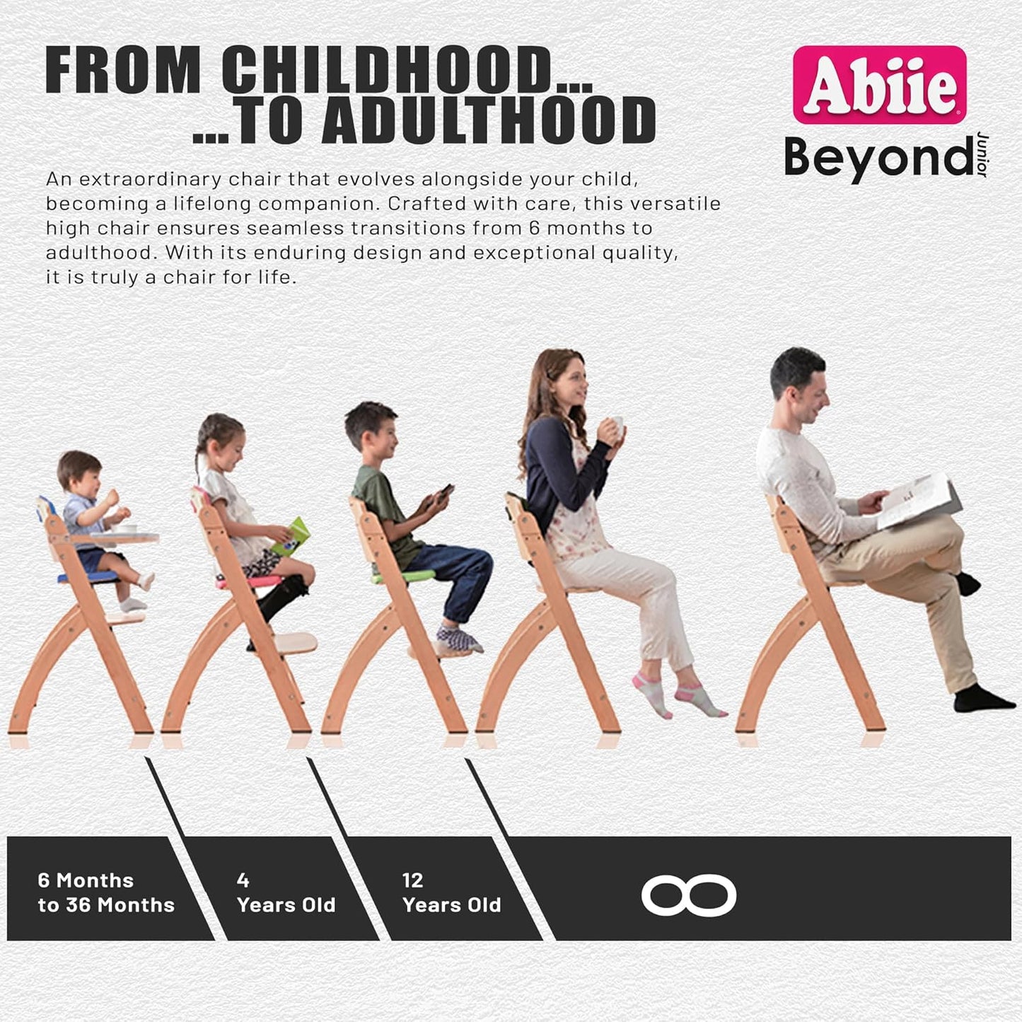 Abiie Beyond Junior Wooden High Chair with Tray - Adjustable and Convertible High Chair for Babies and Toddlers - 6 Months to 250 Lb - Water Resistant - Misty Grey Wood/Black Pearl Cushion