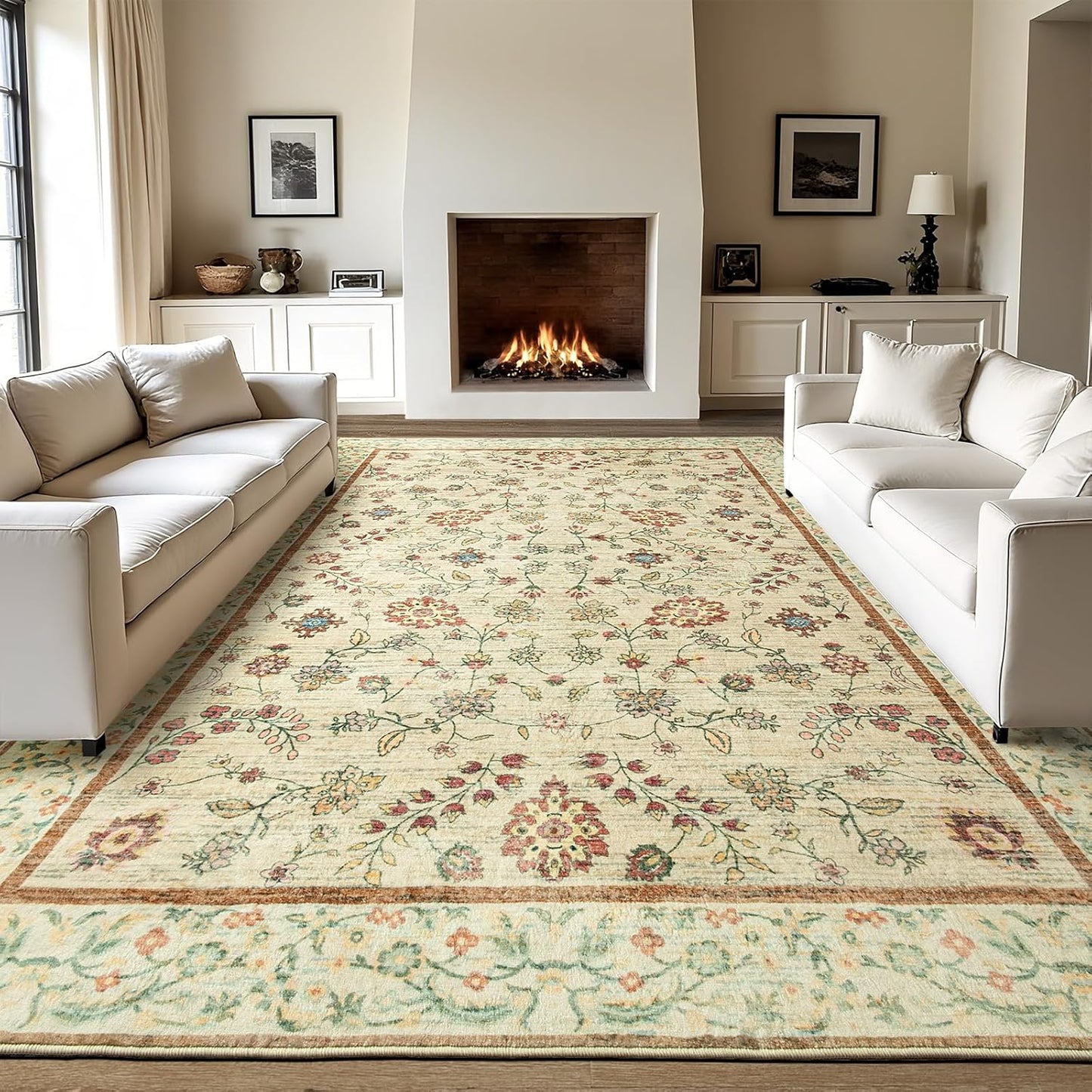 LOCHAS Washable Area Rugs 5x7, Beige Floral Rug for Living Room Bedroom Non Slip, Ultra Soft Vintage Indoor Carpet for Kids, Nursery, Dorm, Dining Room, Classroom, Boho Flower Home Decor, Low-Pile