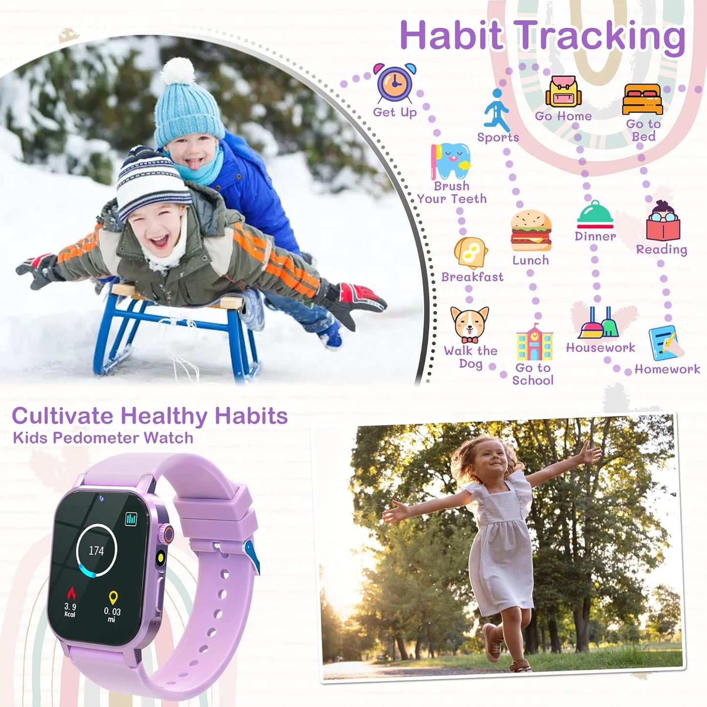 Kids Smart Watches Girls Gift for Age 5-12, Watch for Kids with 32 Games HD Touch Screen Video Camera Pedometer Music Player Flashlight 12/24 hr Toys for 5 6 7 8 9 Year Old Girl Birthday Gift