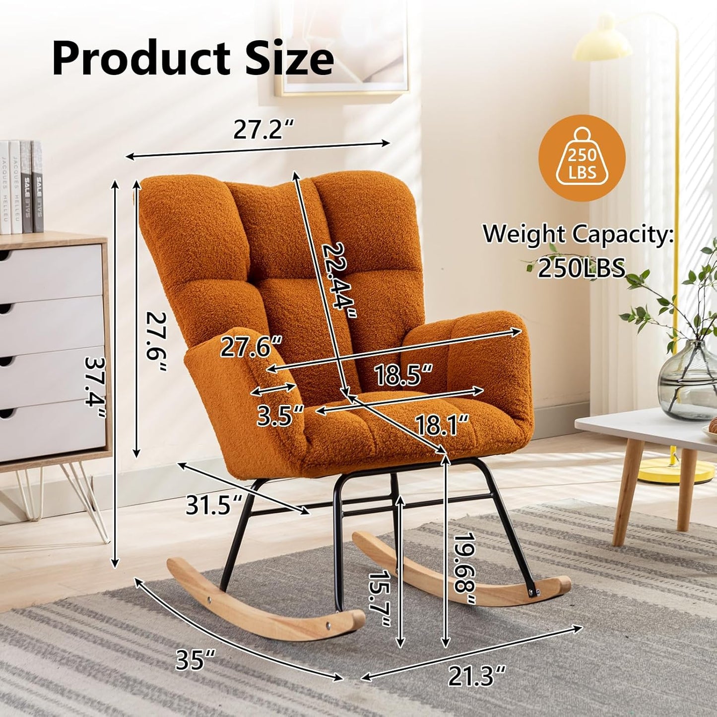 NIOIIKIT Nursery Rocking Chair Teddy Upholstered Glider Rocker Rocking Accent Chair Padded Seat with High Backrest Armchair Comfy Side Chair for Living Room Bedroom Offices (Orange)