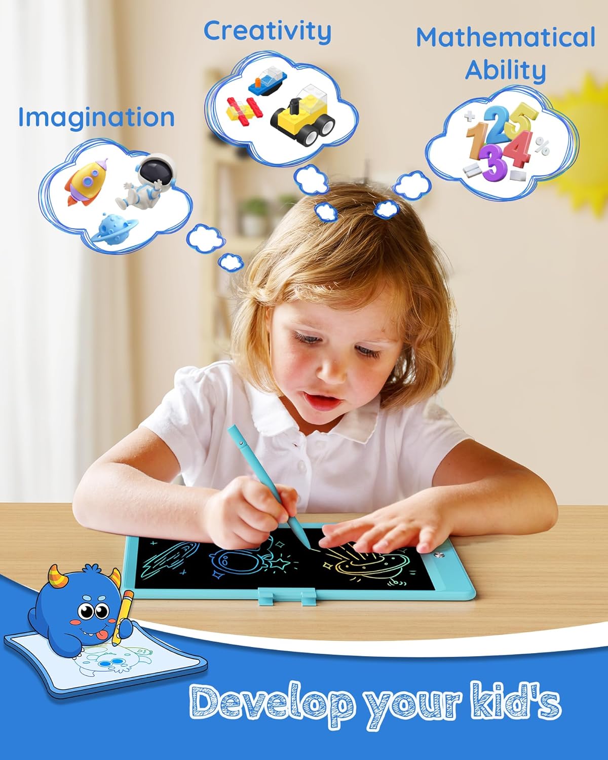 TEKFUN LCD Writing Tablet Doodle Board, 10inch Colorful Drawing Tablet Writing Pad, Kids Travel Essentials, Toddler Toys for 3 4 5 6 7 8 Year Old Girls Boys (Blue)