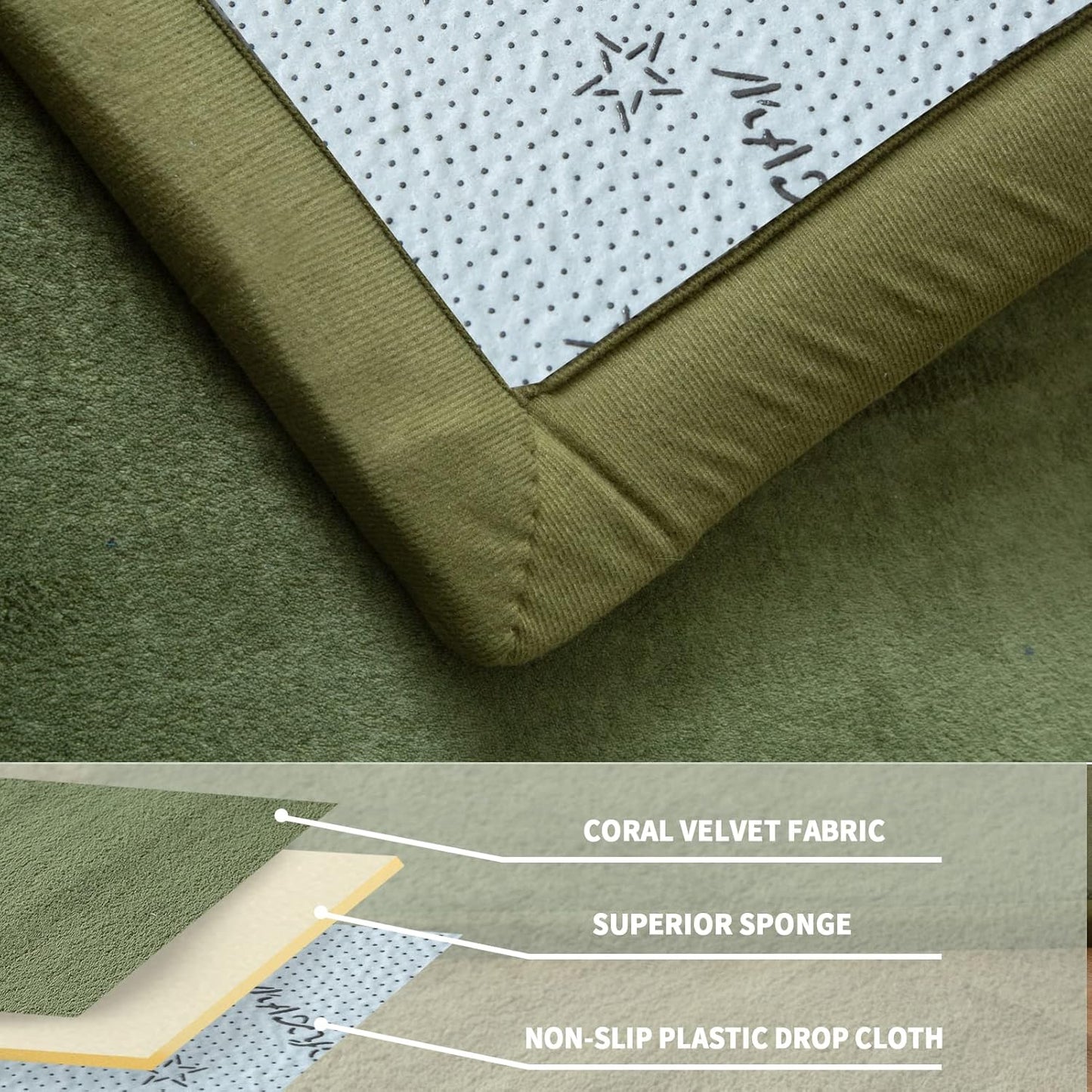 MAXYOYO Coral Velvet Area Rug, Thick Japanese Tatami Mat Living Room Carpet with Non-Slip Backing, Large Solid Color Mat for Bedroom Dormitory Yoga, Olive Green, 78 by 158 inch