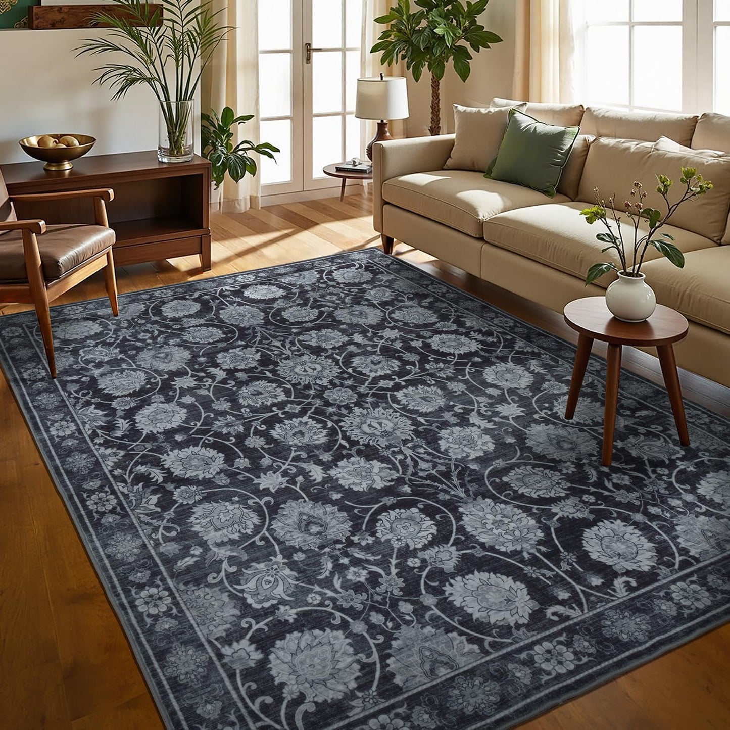 Area Rug 5x7 for Living Room & Bedroom, Large Washable Rugs, Soft & Non Slip, Vintage Carpet, Low Pile Wool Carpets for Indoor Under Table Dining Home Office Nursery Playroom, Black