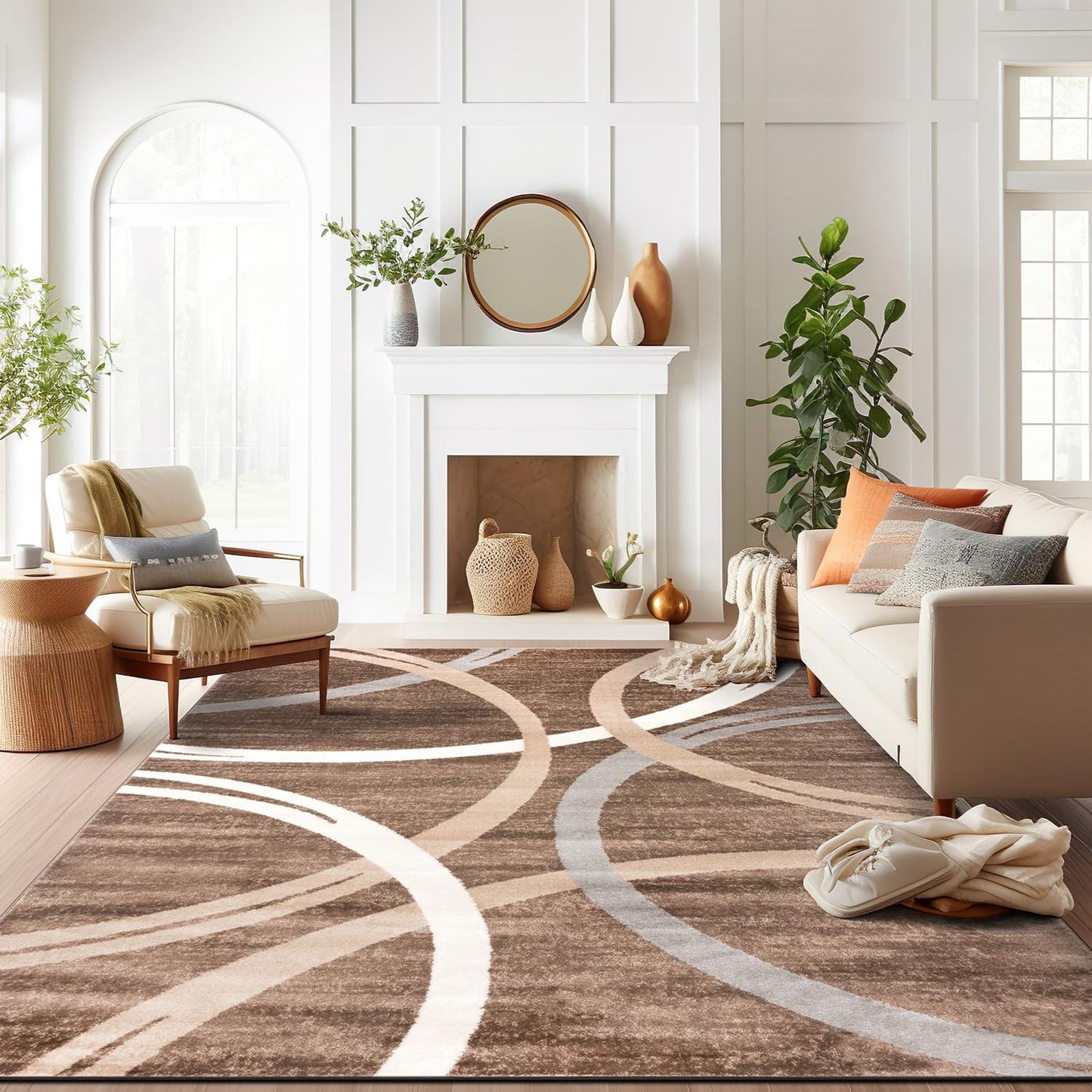 Rugshop Modern Wavy Circles Design Area Rug 12' x 15' Brown