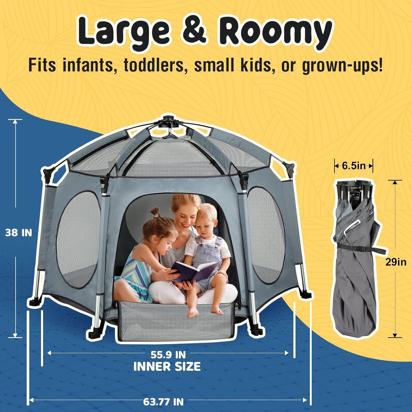 PRObebi Portable Pop Up Playpen for Babies and Toddlers - Grey Lightweight Outdoor Play Yard with Three Sun-Shade - Beach and Indoor Use with Travel Bag