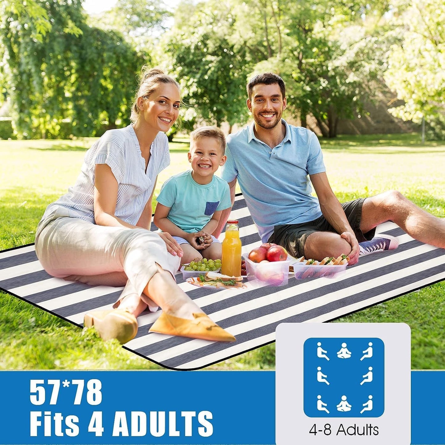 G GOOD GAIN Waterproof Picnic Blanket Portable with Carry Strap for Beach Mat or Family Outdoor Camping Party, Park Blanket for Grass Park, Hiking, Travel, Concerts (Denim Blue)
