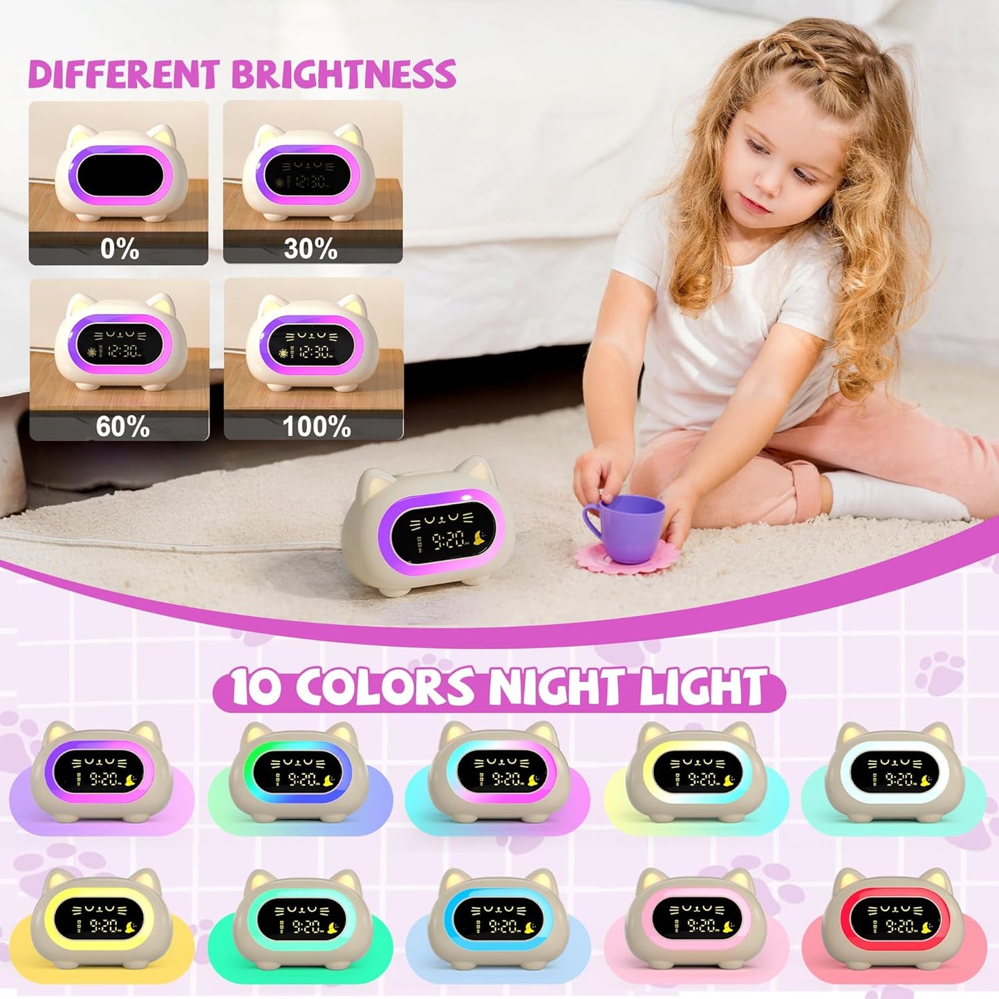 Honesorn Alarm Clock for Kids, Ok to Wake Clock for Kids, Cute Cat Kids Alarm Clock for Girls Boys Toddler, Kids Clock with 10 Night Lights, 7 Soothing Sounds, Auto-Off Timer, Child Lock, Cream White