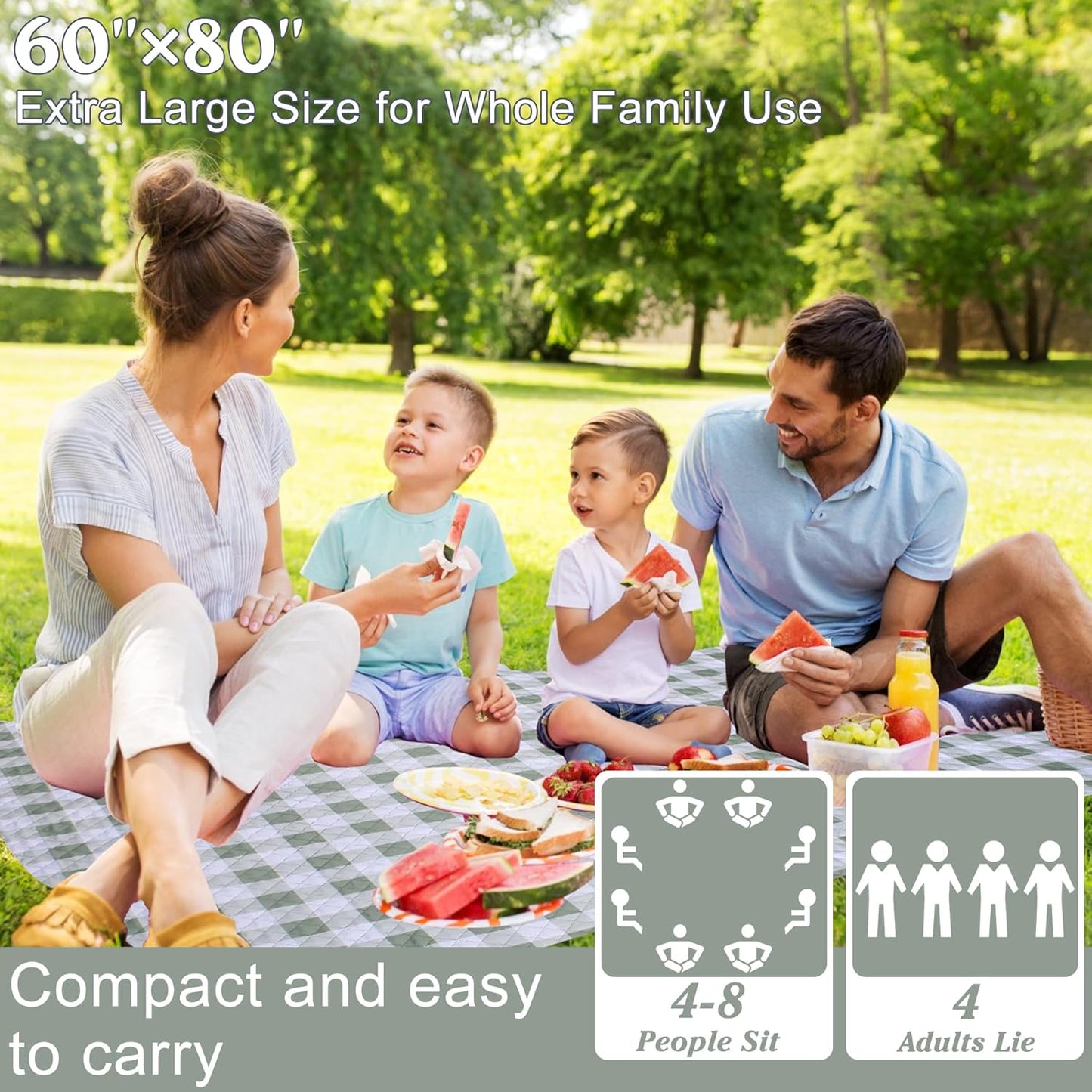 Extra Large Picnic Blanket 80''x 60'' Picnic Mat Waterproof Sand Proof Foldable for Beach, 5-Layer Outdoor Blanket for 6 to 8 Adults,Camping Lawn Hiking Travel Park Music Festival Wedding Mats(Green)