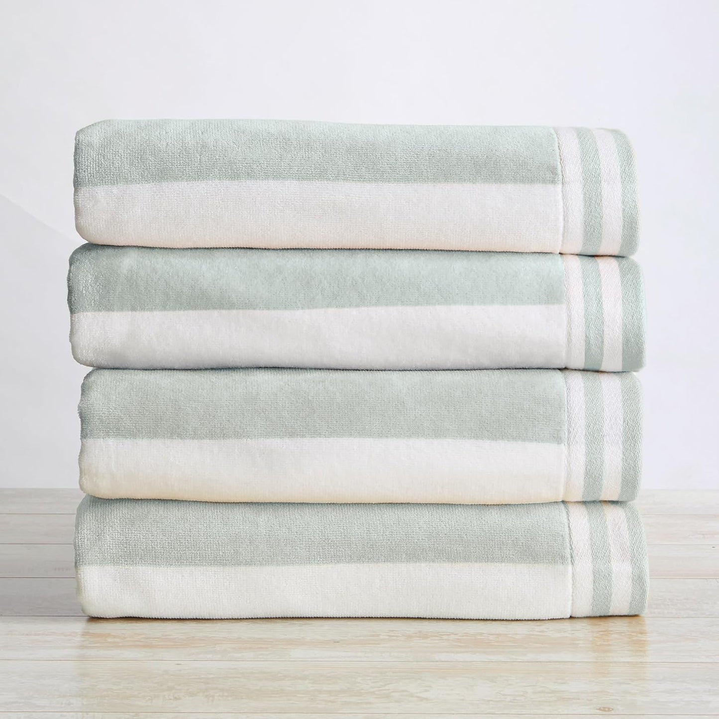 Great Bay Home 100% Cotton Velour 4 Pack Beach Towels 30" x 60" - Light Blue Cabana Stripe Pool Towels - Quick Dry, Large Swim Towels