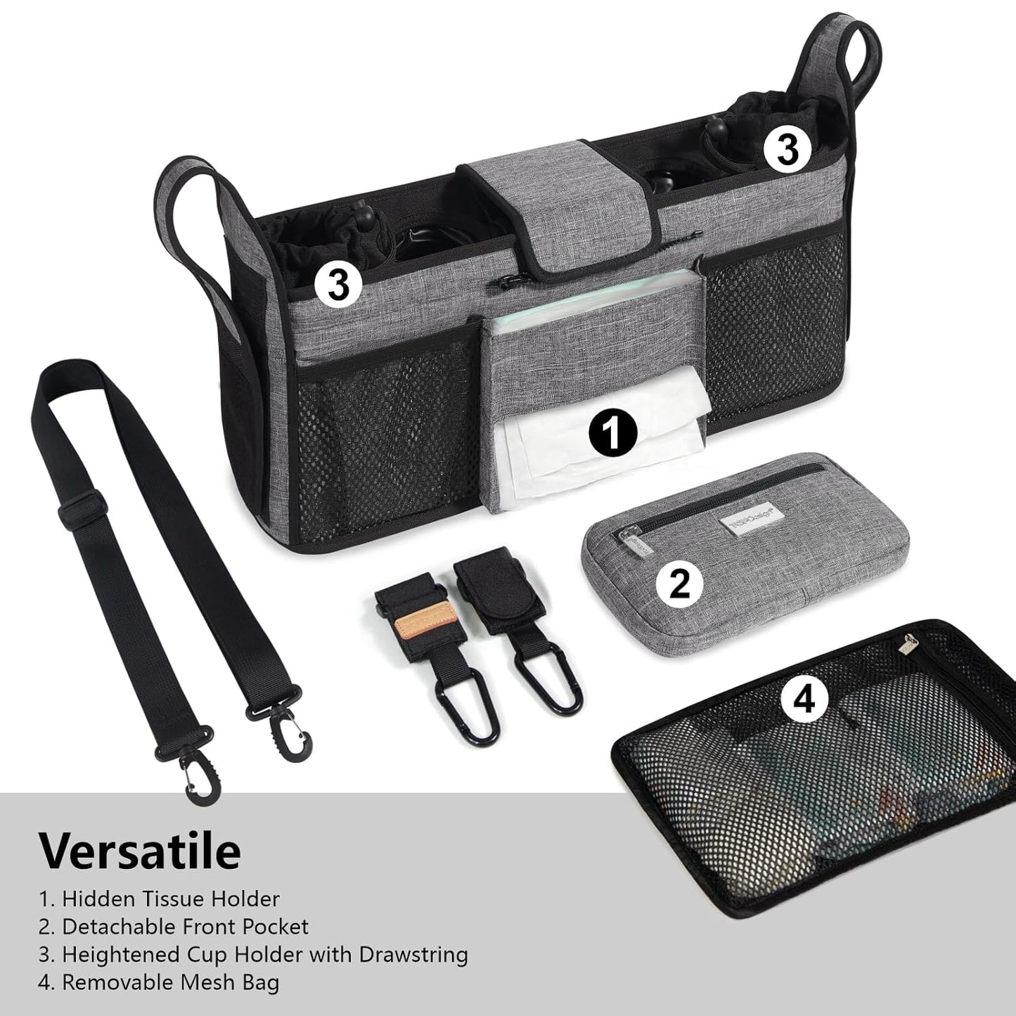 TOPDesign Universal Baby Stroller Organizer, Double Stroller Caddy with Detachable Mesh Bag & Heightened Insulated Cup Holders & Non-Slip Secure Hooks Accessories, Fits Most Strollers (Zoo)