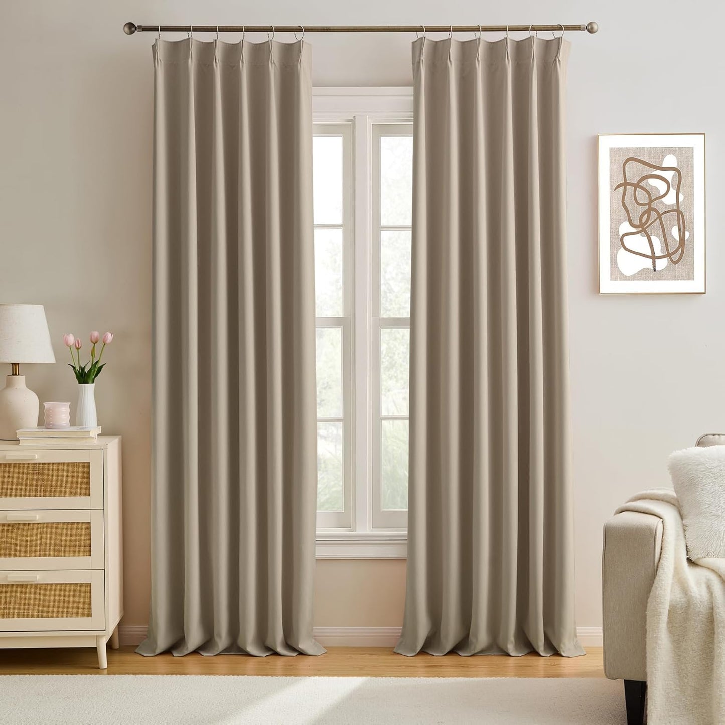 KEQIAOSUOCAI Pinch Pleated Curtains 108 Inch Long 9 FT Tall Curtains for Living Room Bedroom Thermal Memory Trained Pleated Viral Window Drapes with Hooks(Khaki,40W x 108L x 2 Panels)