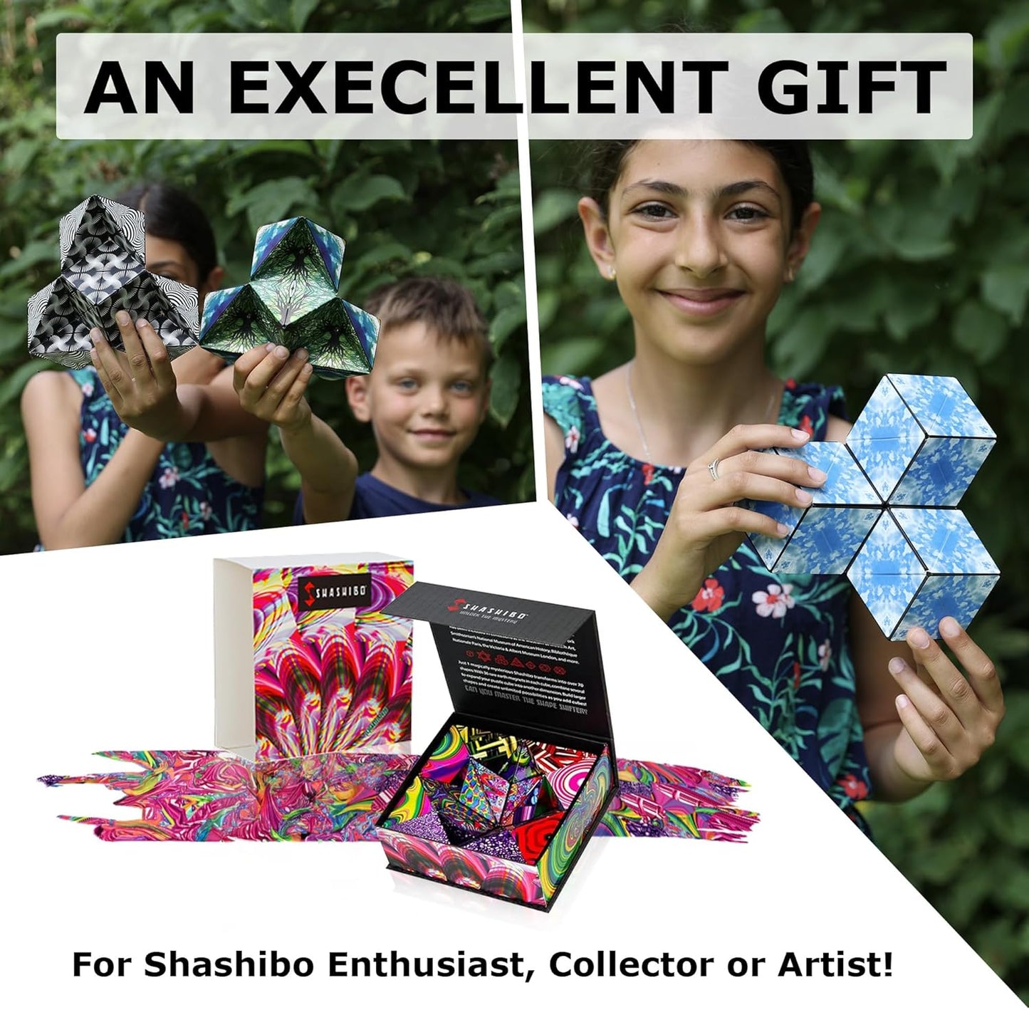Shashibo Limited Edition Gartel Shape Shifting Box - Award-Winning, Patented Fidget Cube w/ 36 Rare Earth Magnets - Designed by Digital Art Pioneer Laurence Gartel (4 Pack)